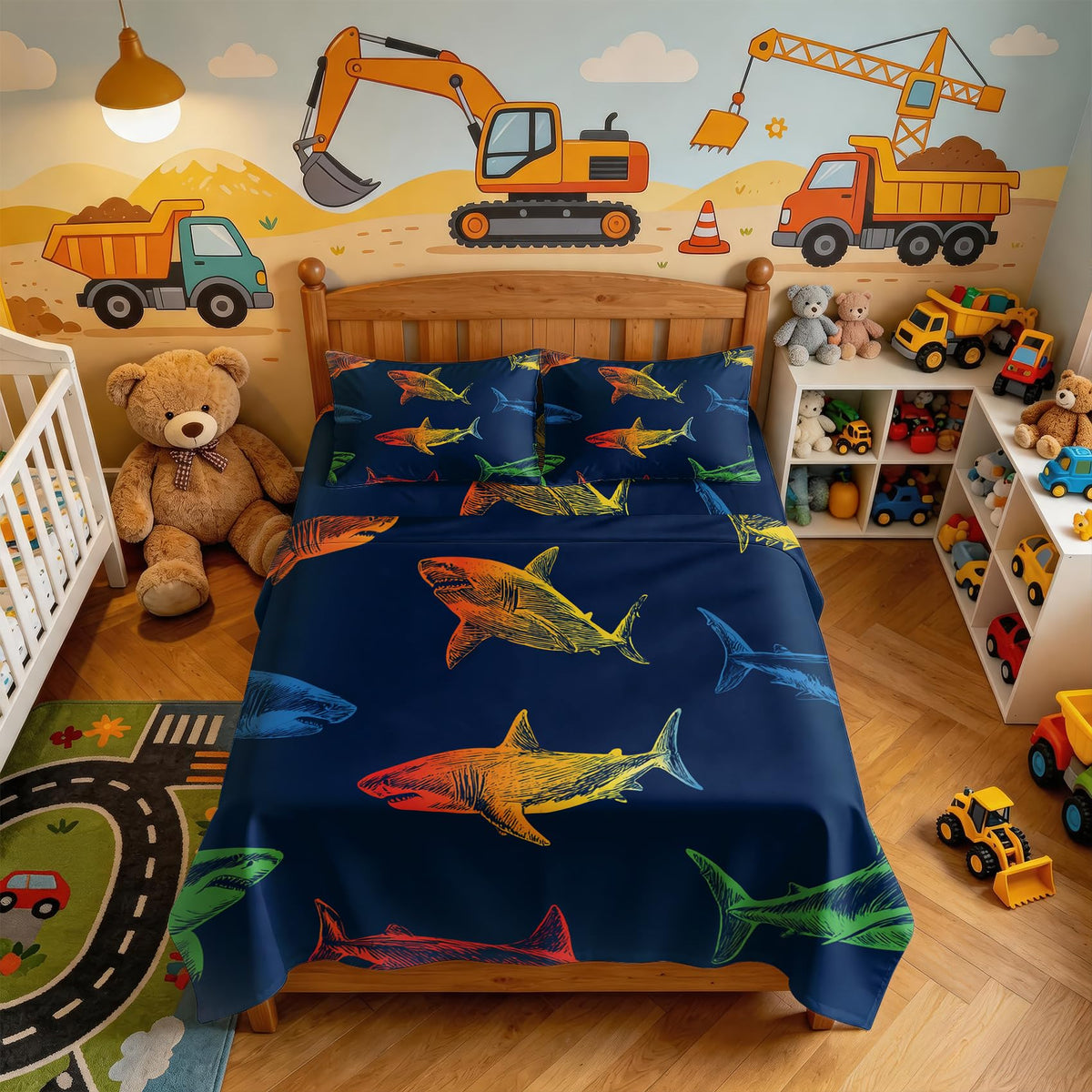 Shark Bedding Set 3 Pcs Marine Life Twin Sheets, Navy Blue