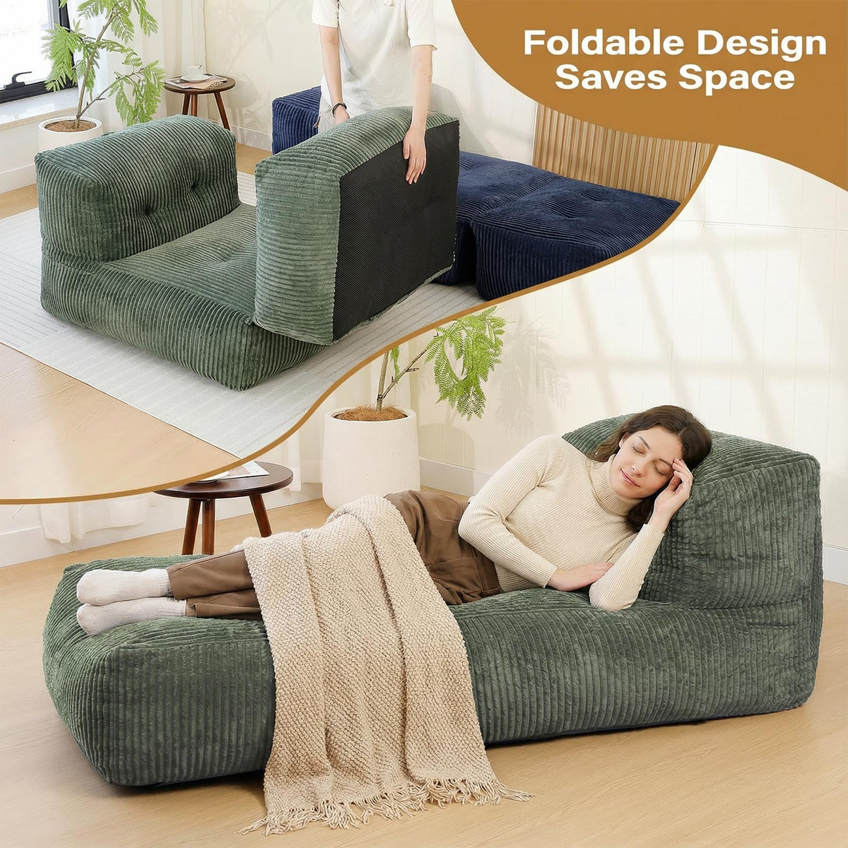 UODERS Big Bean Bag Chair for Adults, 66.9"x31.5" Lounger Large Bean Bag Sofa, Memory Foam Filled Beanbag Chair for Living Room, Bedroom, Balcony - Ergonomic Support & Premium Comfort (Green)