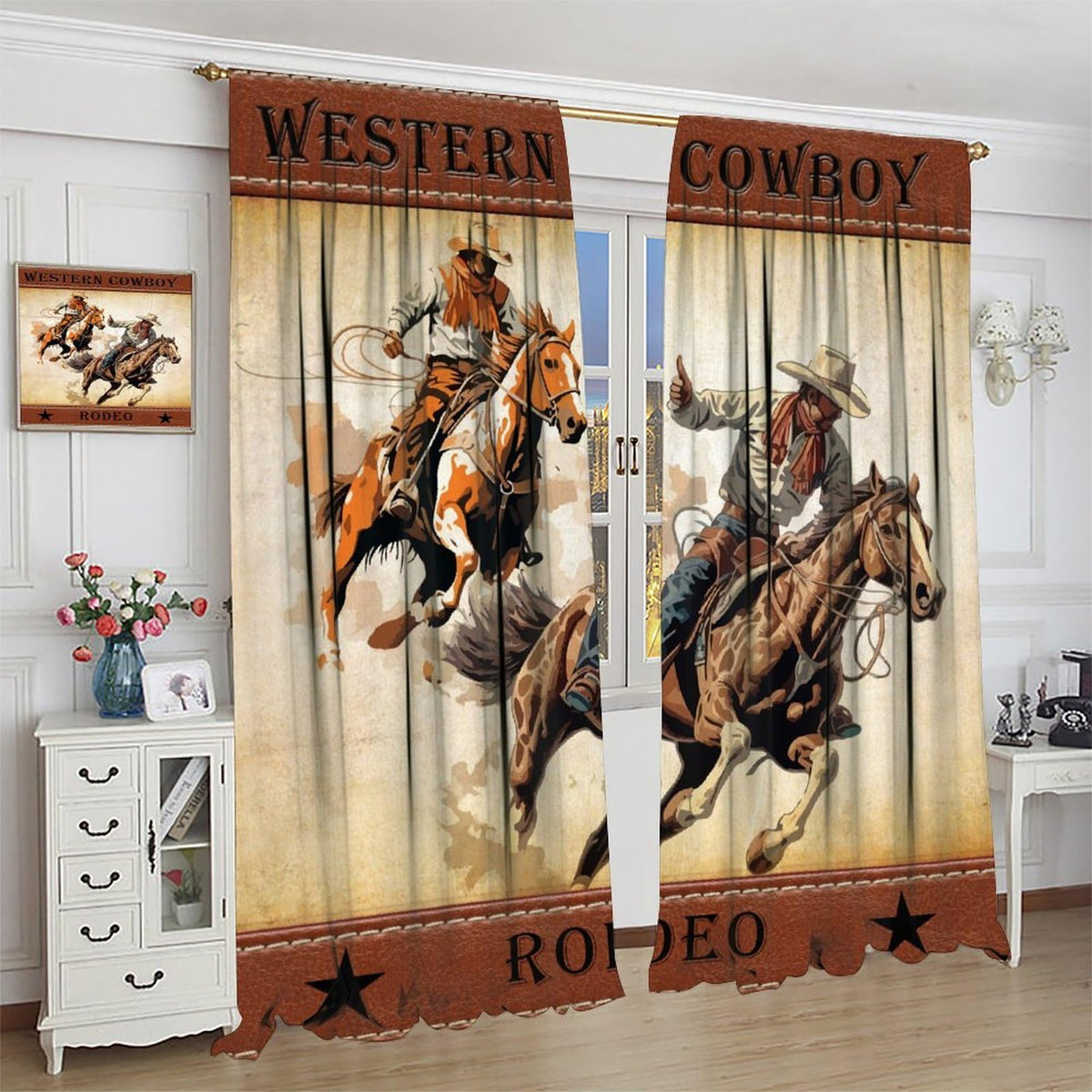 LOMADIA Cowboy Horse Blackout Curtain, Rustic Old Western Farm Retro Farmhouse Cowboy Pattern Drapes Window 2 Panel Rod Pocket Curtain for Kitchen Living Room Bedroom Deocr 42x45in