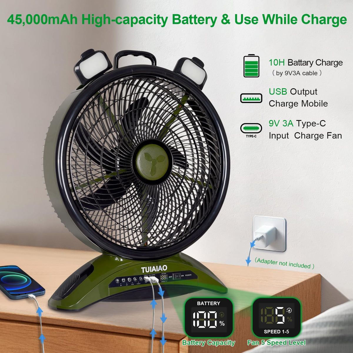 TUIAIAO Large 45000mAh Battery Operated Camping Fan, 12-Inch Blades Portable Rechargeable Outdoor Fan with 5 Speed Display, 1040CFM High Airflow, Cordless Floor Fan with Timer for Garage, BBQ