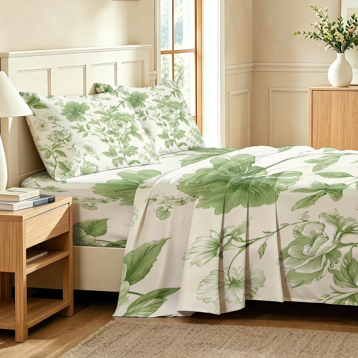 Green Floral California King Bedding Set Farmhouse Botanical Sheet Sets