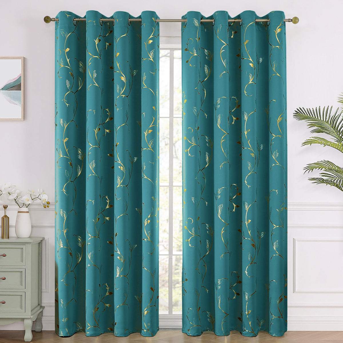 BUHUA Blackout Curtain 2 Panel Set Gold Vine Foil Print Thermal Insulated Drapes Room Darkening Curtains Grommet Window Treatment, 52 x 72 Inch, Teal Blue