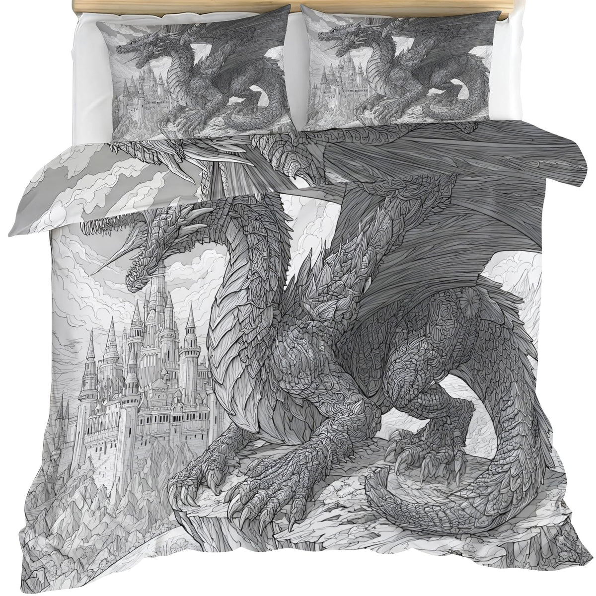 Dragon Duvet Cover Set Twin Size for Teen Boys Adult, Black and White Line Art Dragon Bedding Sets 3 Pieces Bedroom Decorative Bedspread for Men, Fantasy Art Animal Duvet Cover with 2 Pillowcases