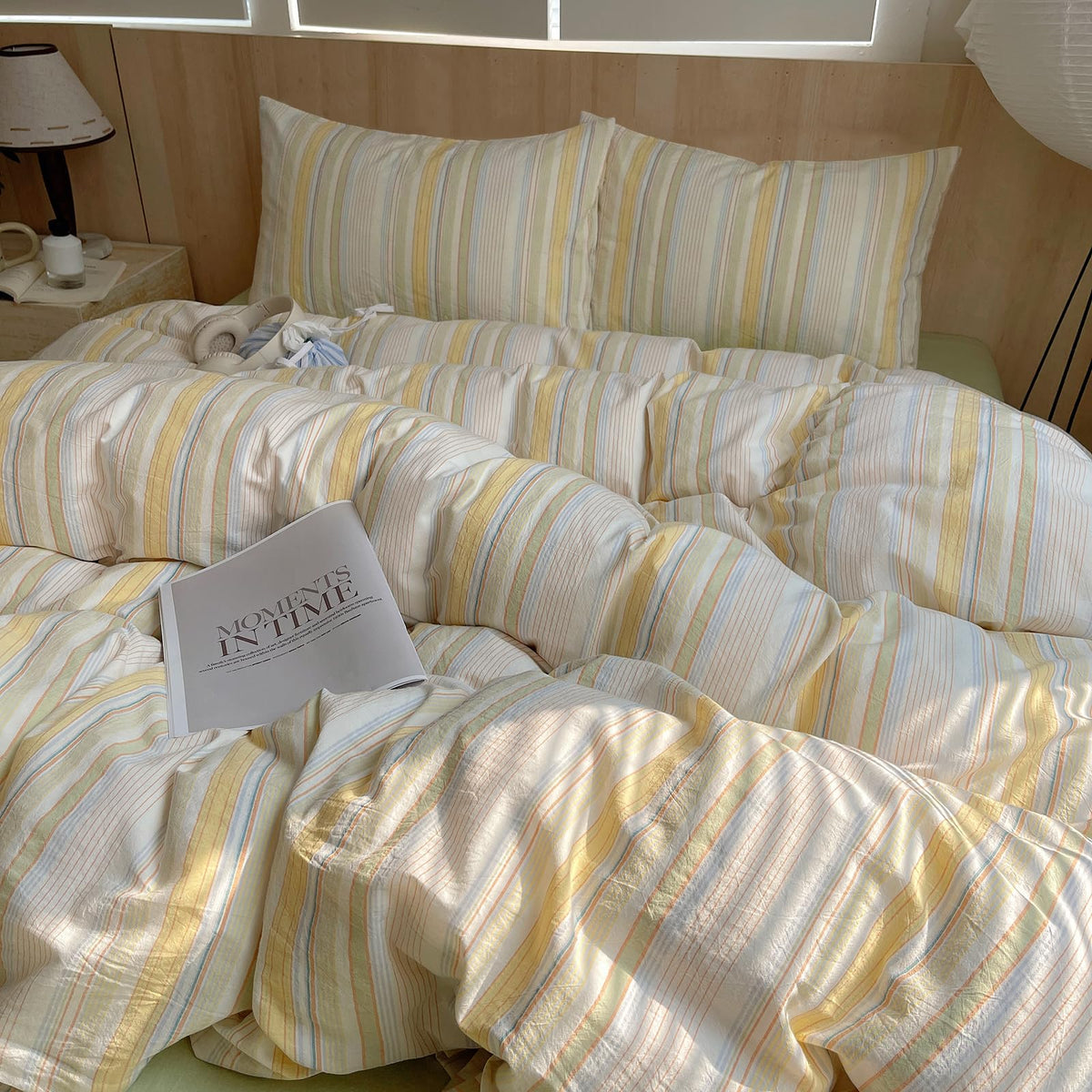 EAVD Retro Striped Duvet Cover Queen Soft Washed Cotton Colorful Wide Pinstriped Bedding Set with 2 Pillowcases Modern Farmhouse Geometric Pattern Duvet Cover with Zipper Closure