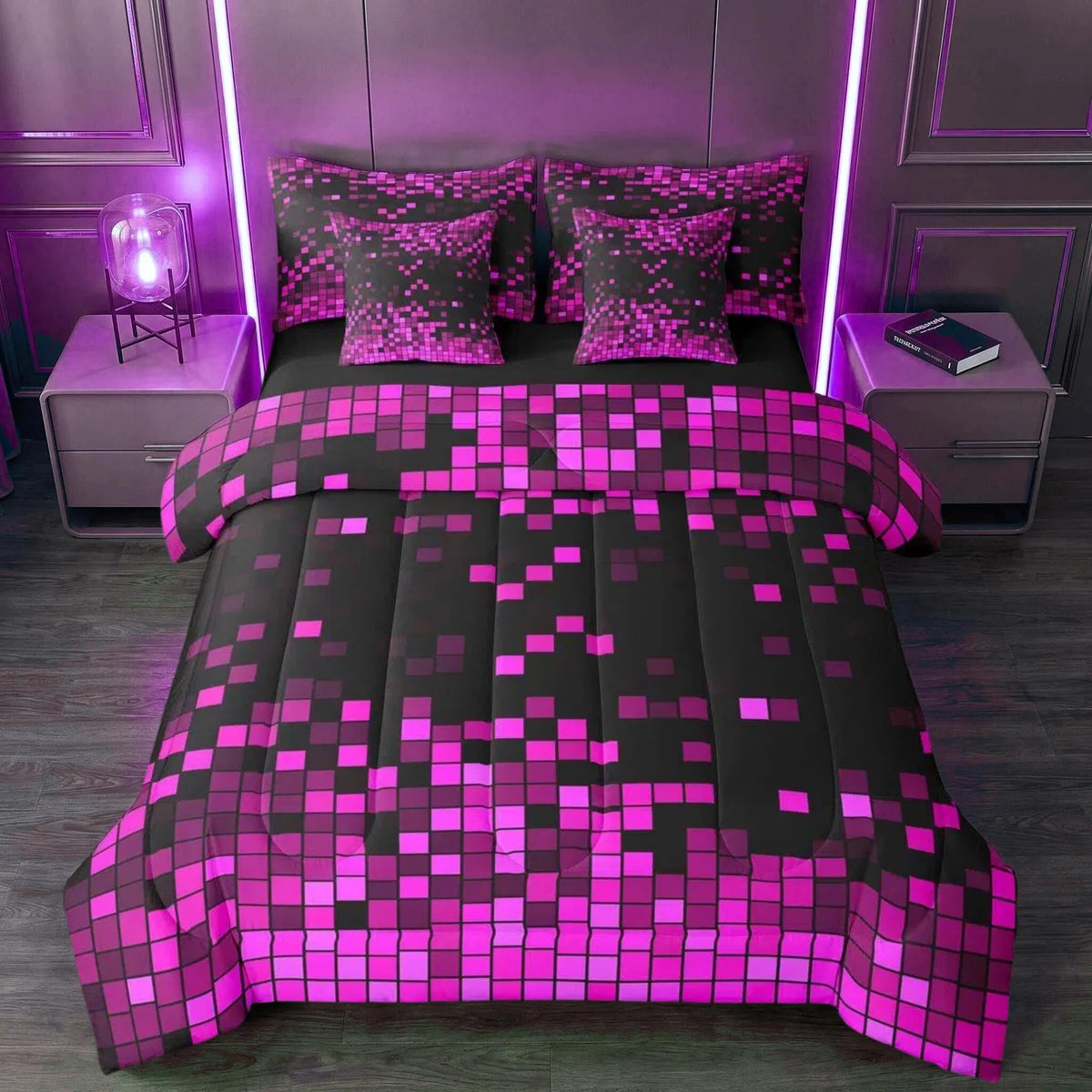 Feelyou Purple Black Retro Pixel Art Comforter Set with Sheets 7 Piece Twin Size Gaming Room Bed in a Bag Kids Boys Girls Retro Pixel Bedding Set Gamer Room Decor Bedroom Decor Microfiber