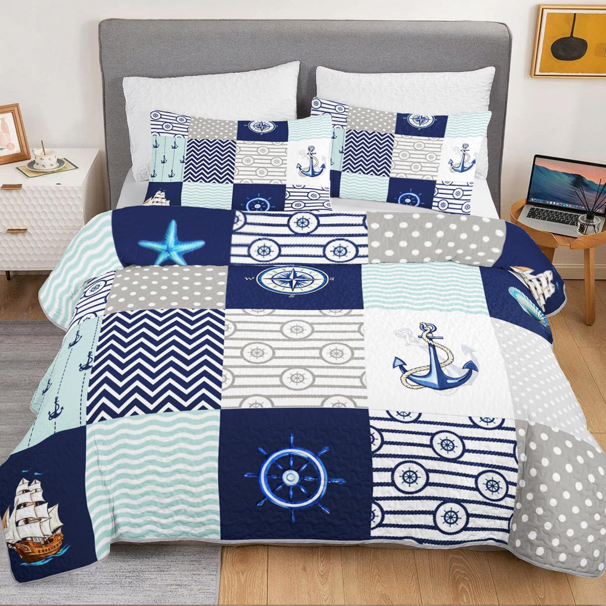 HOSIMA Nautical Quilts Queen Size,Plaid Patchwork Ocean Themed Bedding Sailboat and Anchor Print Coastal Bedding for Bedroom Nautical Decor,Navy Blue with 2 Pillowcases.