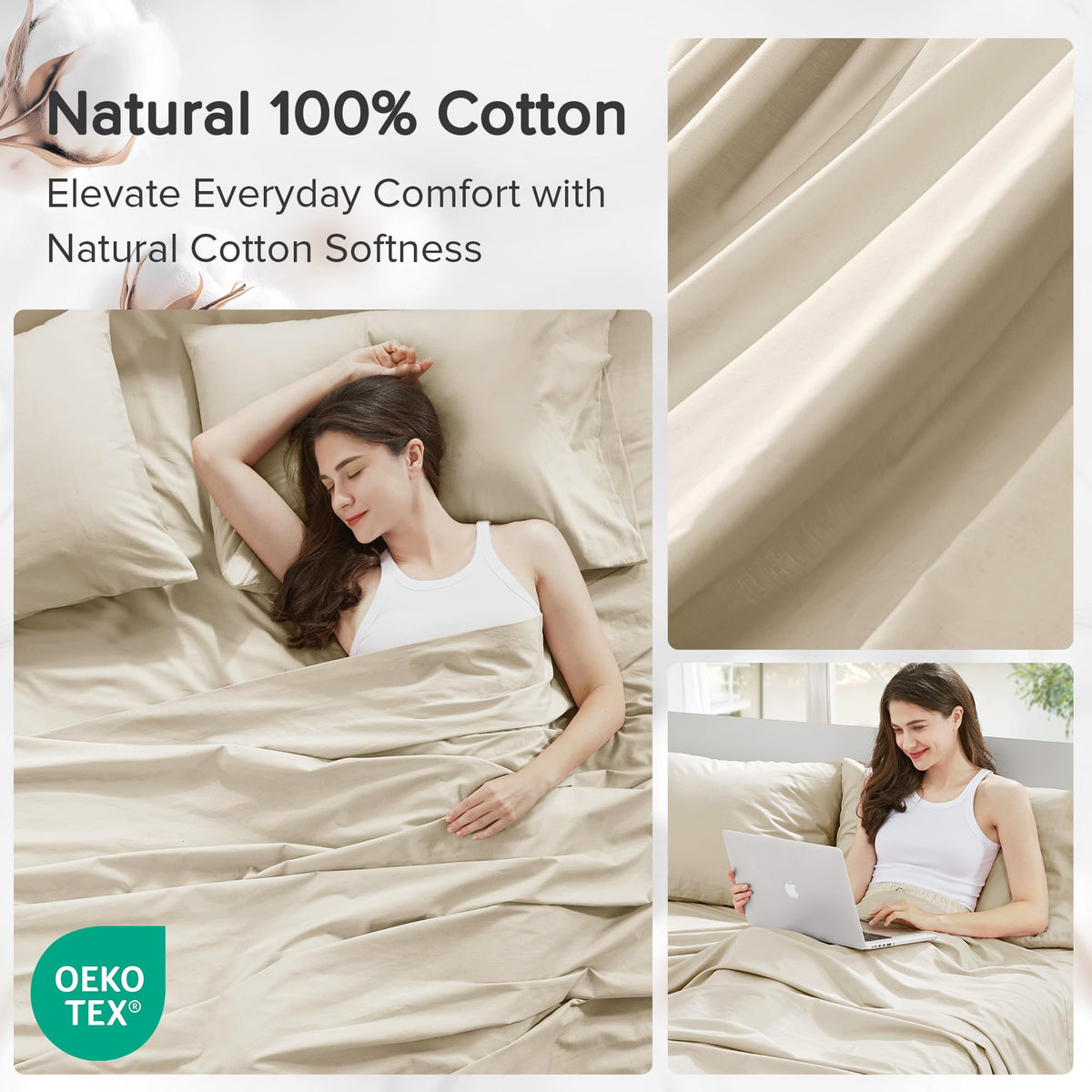 Comfort Spaces 100% Cotton Sheets Full, Breathable & Ultra Soft Cotton Sheets, Naturally Cool Cotton Bed Sheets with 14" Elastic Pocket Fits up to 16" Mattress, All Seasons Sheet Set, Cream 4 Piece