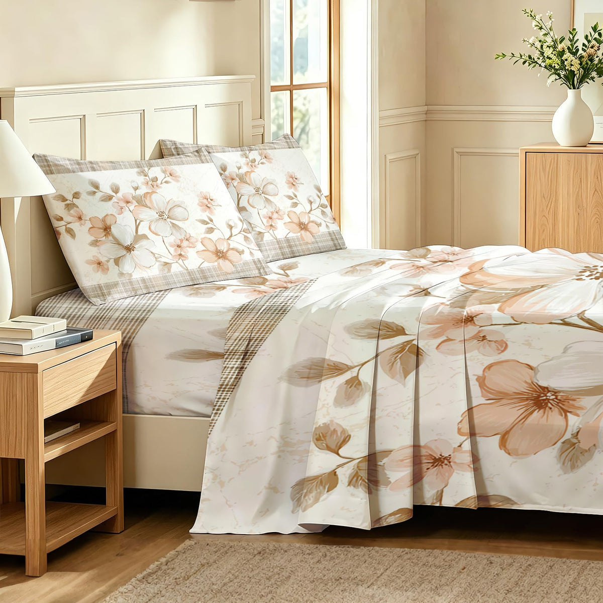 Plaid and Floral King Sheet Set Farmhouse Flat Fitted Sheet Sets