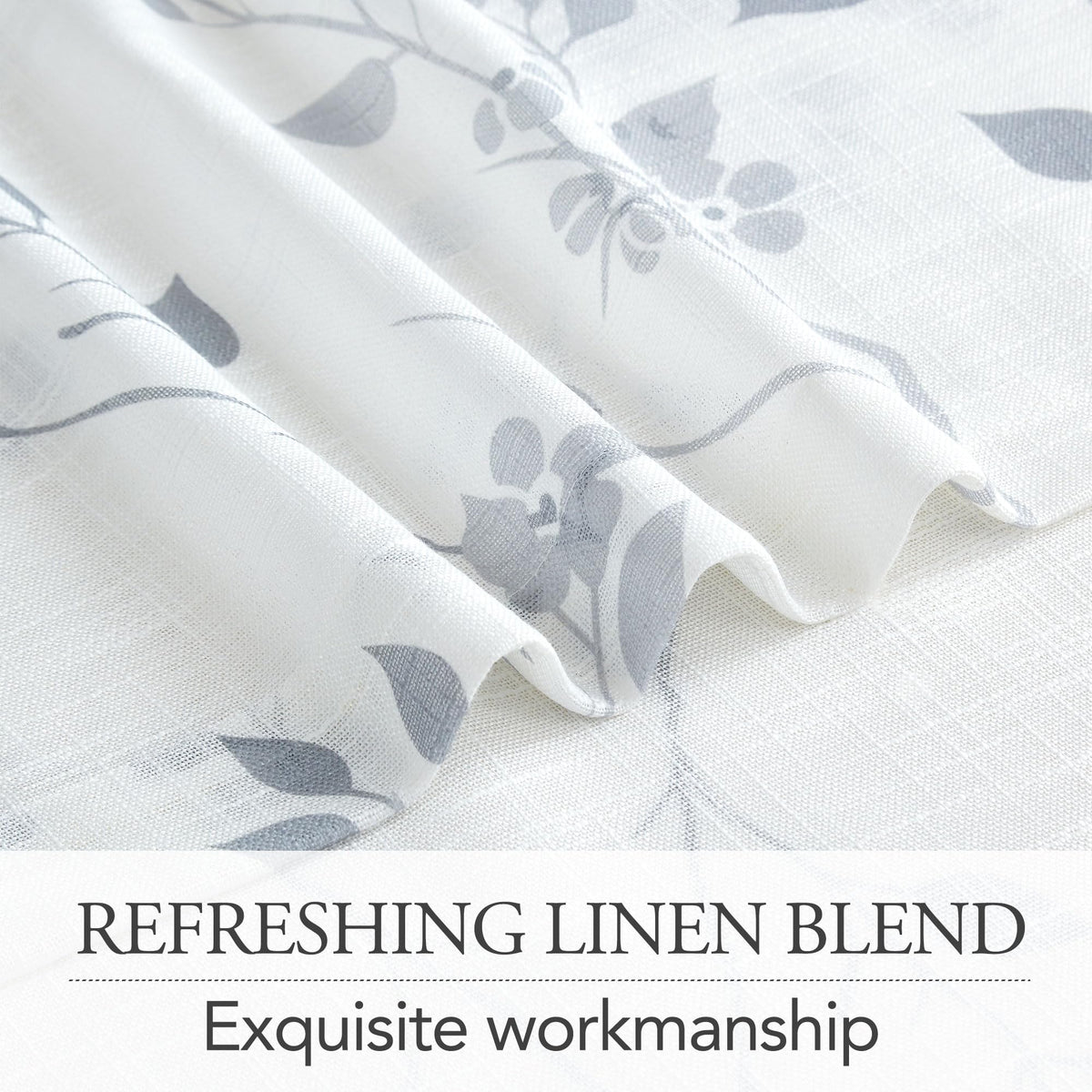 Beauoop Floral Linen Semi Sheer Curtains 54 Inches Long 2 Panels for Living Room Bedroom Grey Farmhouse Flower Patterned Light Filtering Textured Rod Pocket Window Treatments Drapes, 50x54 2 Set