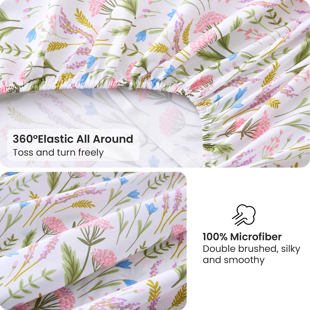 Viviland Floral Full Sheet Set - 4 Piece Lavender & Blue Bell Pink Cluster Botanical Patterned Bed Sheets - Soft, Breathable Microfiber Sheets with Deep Pocket, Non-Slip Fitted Sheets & Pillowcases