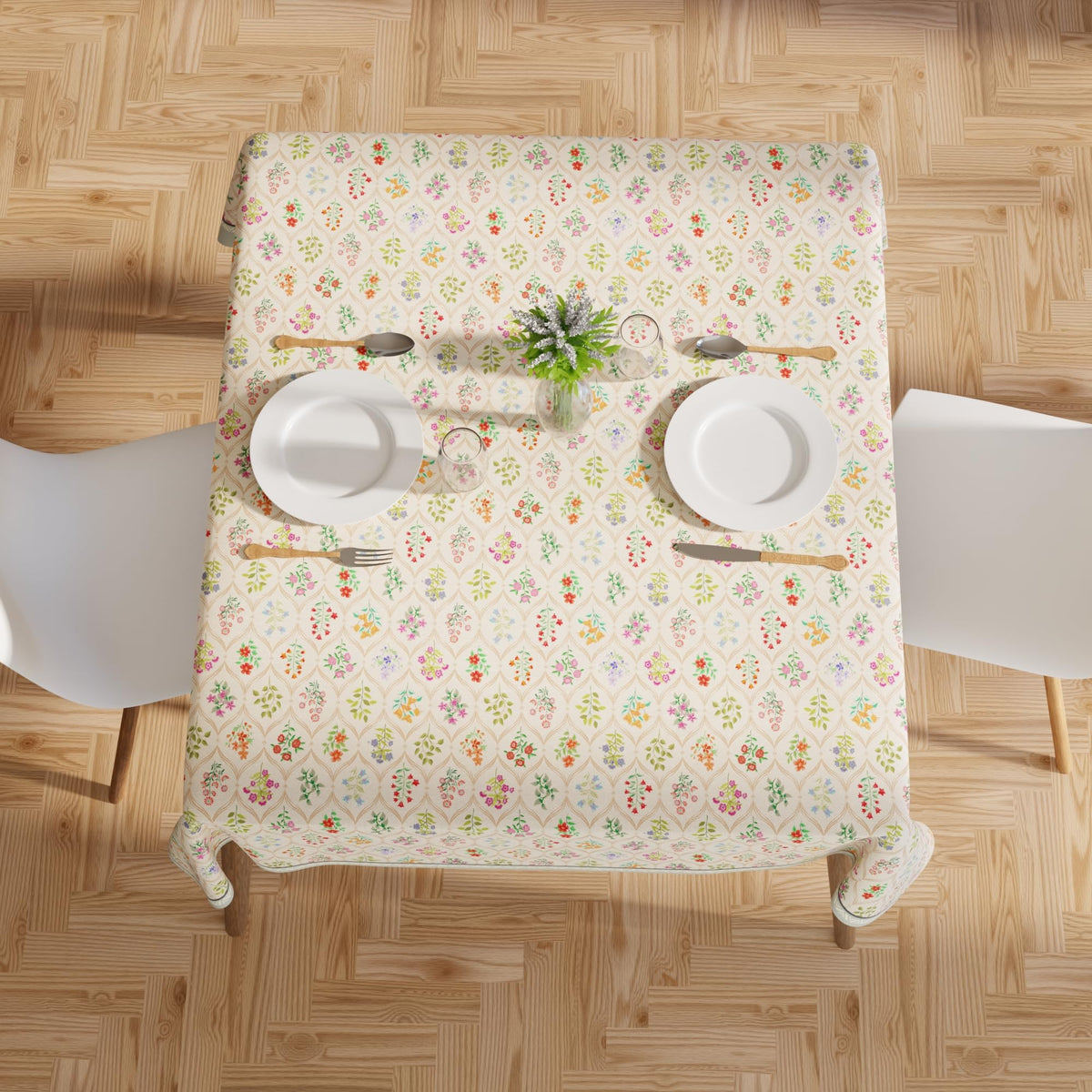 Encasa XO Floral Table Cloth 56"x56" for Square Table Water Repellent Polyester Indoor Outdoor Tablecloth Machine Washable Spring Summer Table Cover Farmhouse Style for Dining French Beige