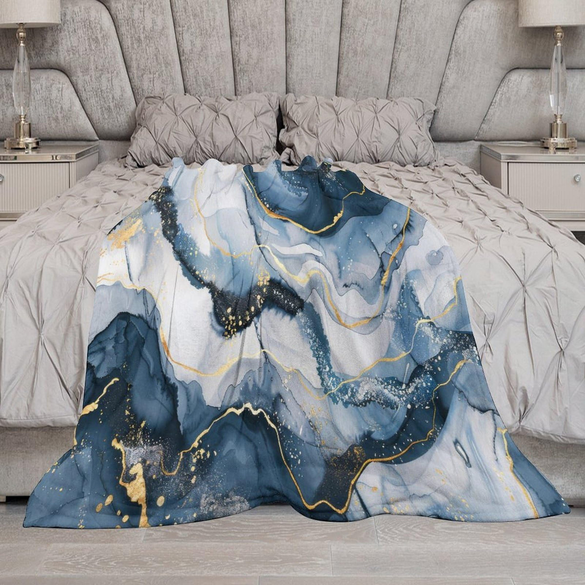 Marble Throw Blanket, Modern Abstract Foil Stone Texture Gold Navy Blue Marble Super Soft Fuzzy Fluffy Blanket for Couch & Bed, Cozy Sofa Warm Blanket for Travel Camping 40"x50"