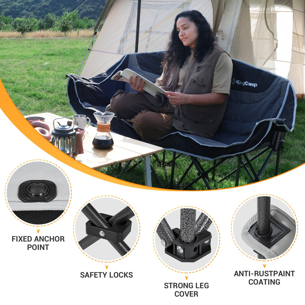 KingCamp 3 Person Camping Chair, Oversized 1100lbs Heavy Duty Loveseat for Adults Portable Folding XL 2 Person Couch Padded Comfortable Three Seat with Cup Holder for Outdoor Lawn Backyard, Black/Grey