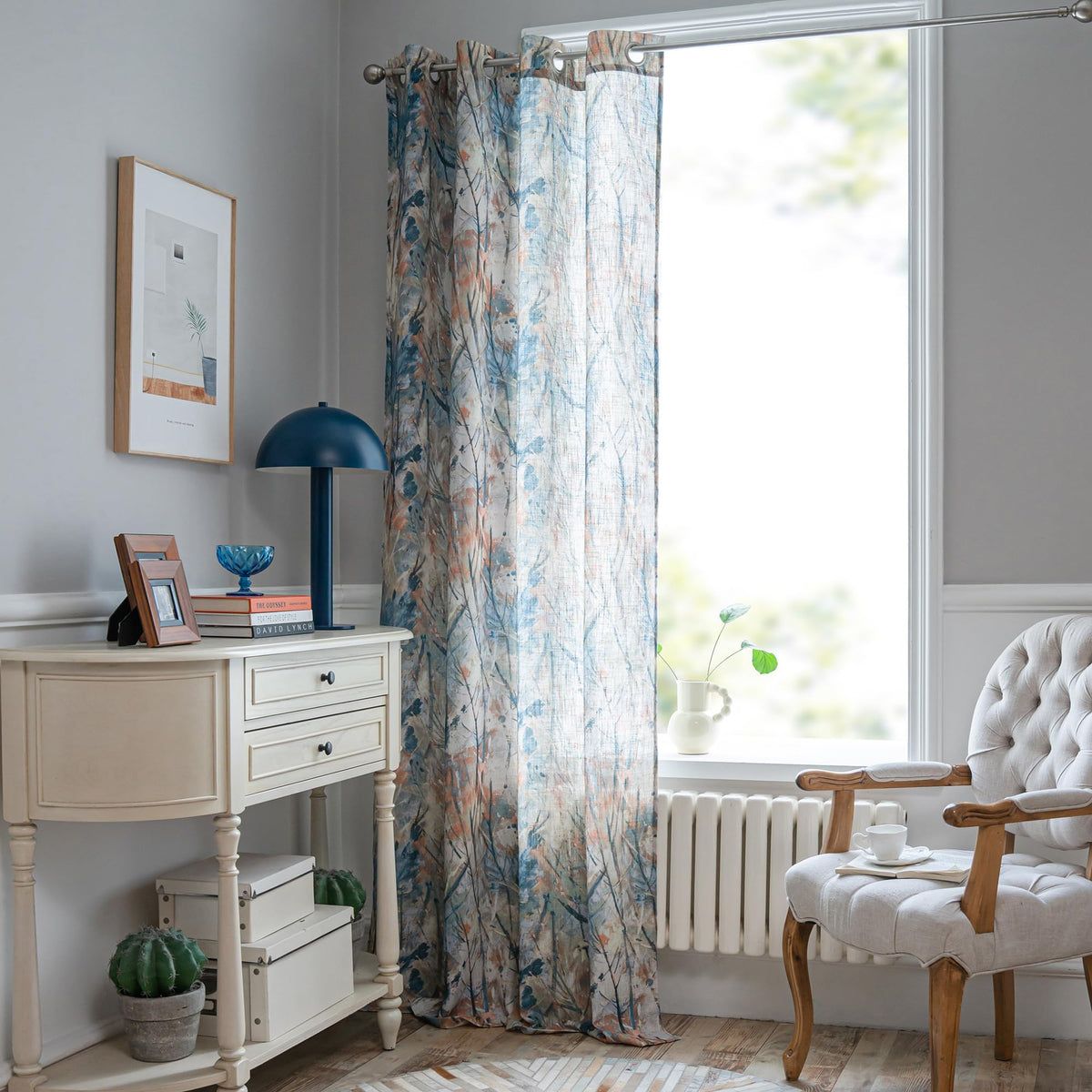 MEETSKY Blue Curtains 84 Inch Long for Living Room - Branches Pattern Printed Curtain Light Filtering Thick Linen Textured Grommet Drapes for Bedroom, 52" x 84", Blue, 2 Panels