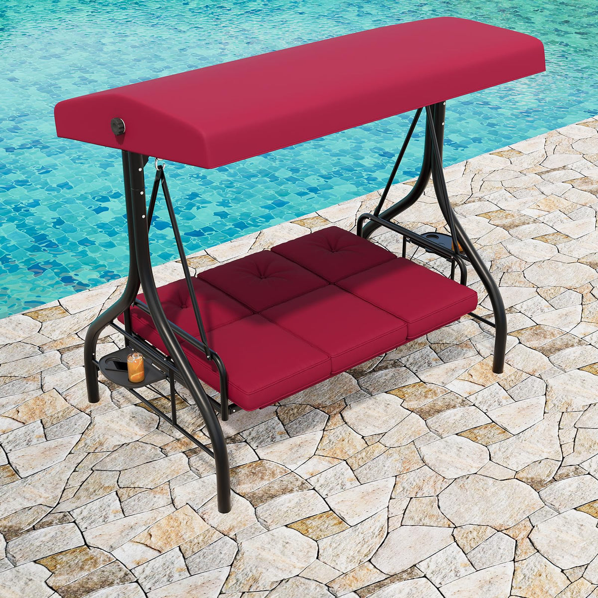 Garvee 3-Seat Outdoor Porch Swing with Adjustable Canopy, Convertible Patio Swing Bed with Stand, Thick Cushions & Cup Holders, Weather-Resistant Steel Frame for Backyard, Garden, Porch, Red