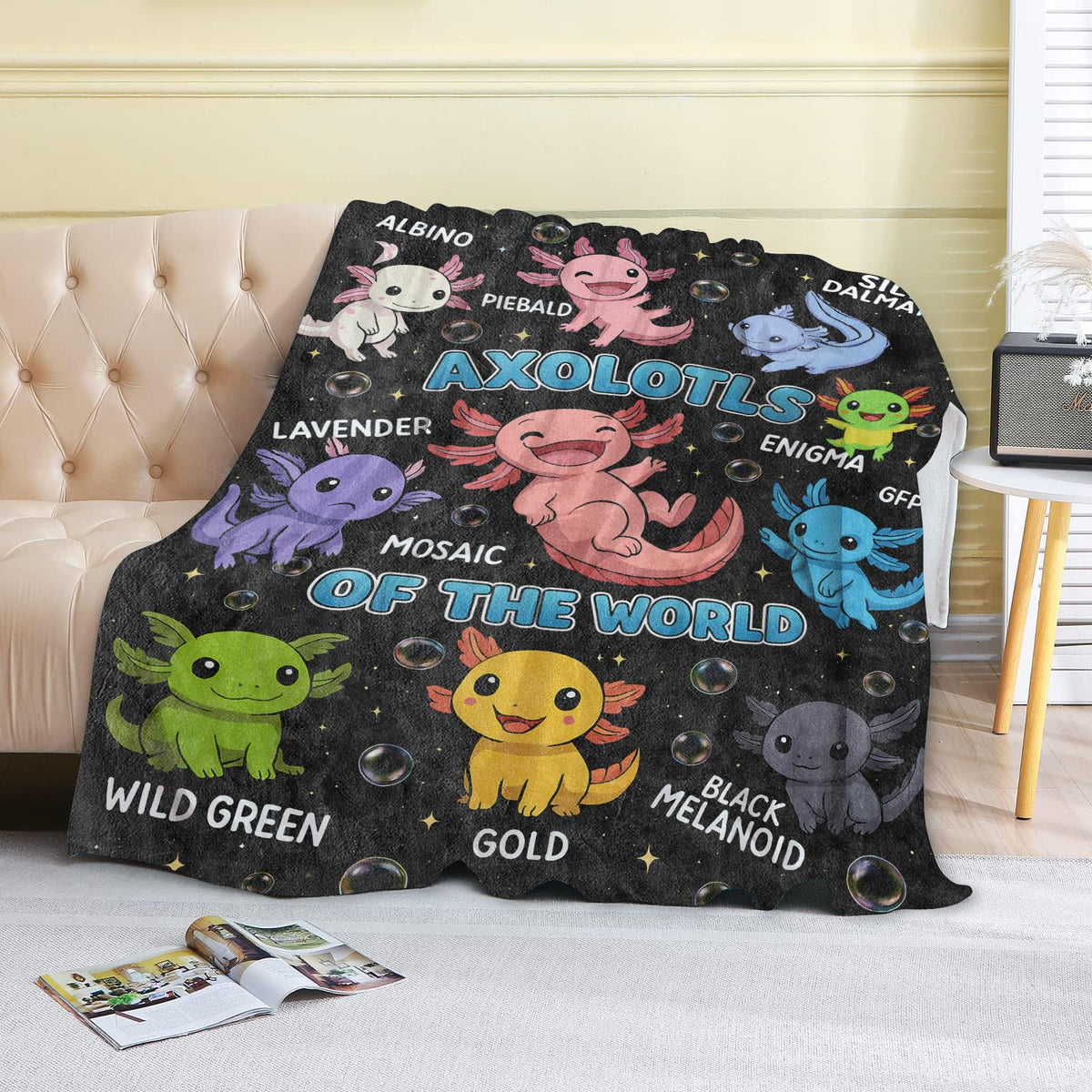coedoaes Cute Axolotl Fleece Blanket,40x50in,Cartoon Axolotls of The World Black Throw Blankets,Soft Cozy Lightweight, Ideal for Bed Living Room Home Farm Decor,Kids Amphibian Fans Gifts