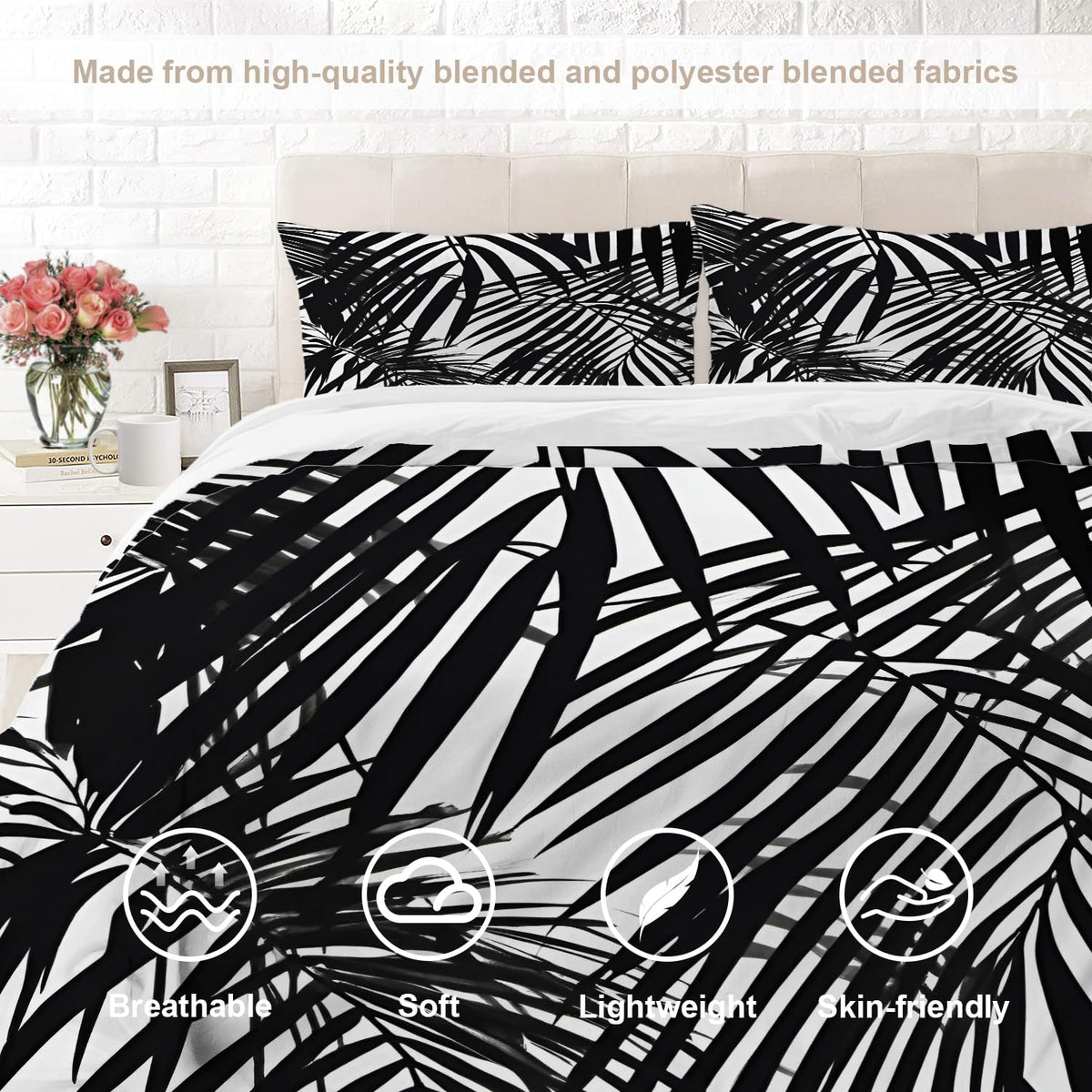 BaoNews Black White Foliage Plants 100% Cotton Duvet Cover Set Full Size, Palm Leaf Bold Lines Tropical Theme Bedding Sets Soft Comforter Cover with Zipper Closure and 2 Pillowcases(No Filler)