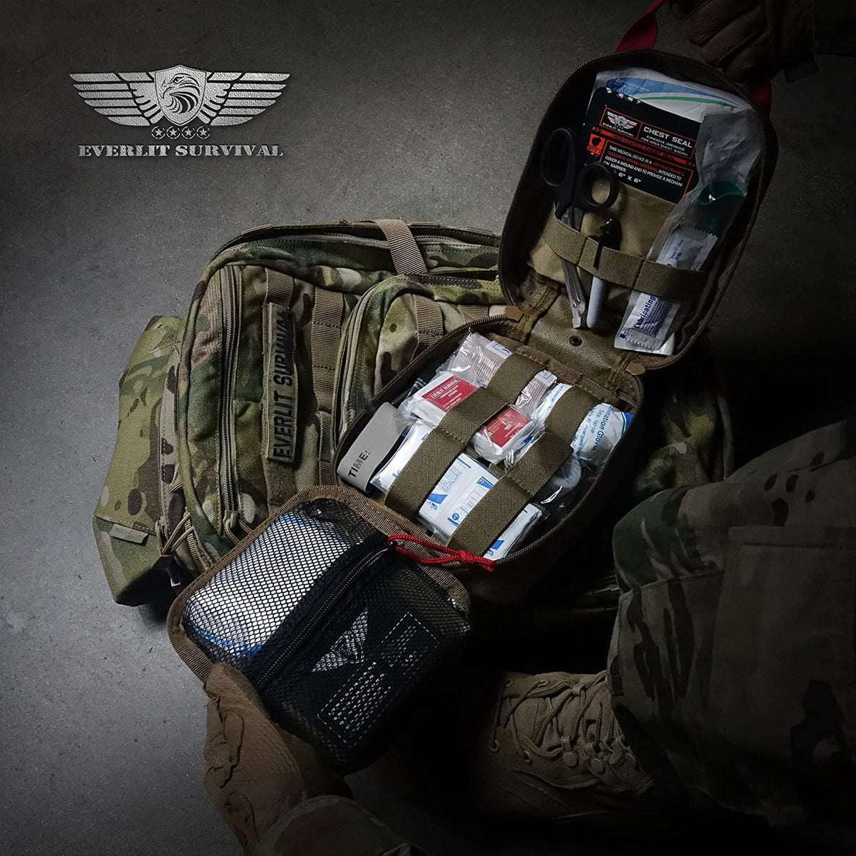 EVERLIT Advanced Emergency Trauma Kit, CAT GEN-7 Tourniquet Mil-Spec Nylon Laser Cut Pouch with 36" Splint, Military Combat Tactical IFAK for First Aid Response Bleeding Control (Multicam)