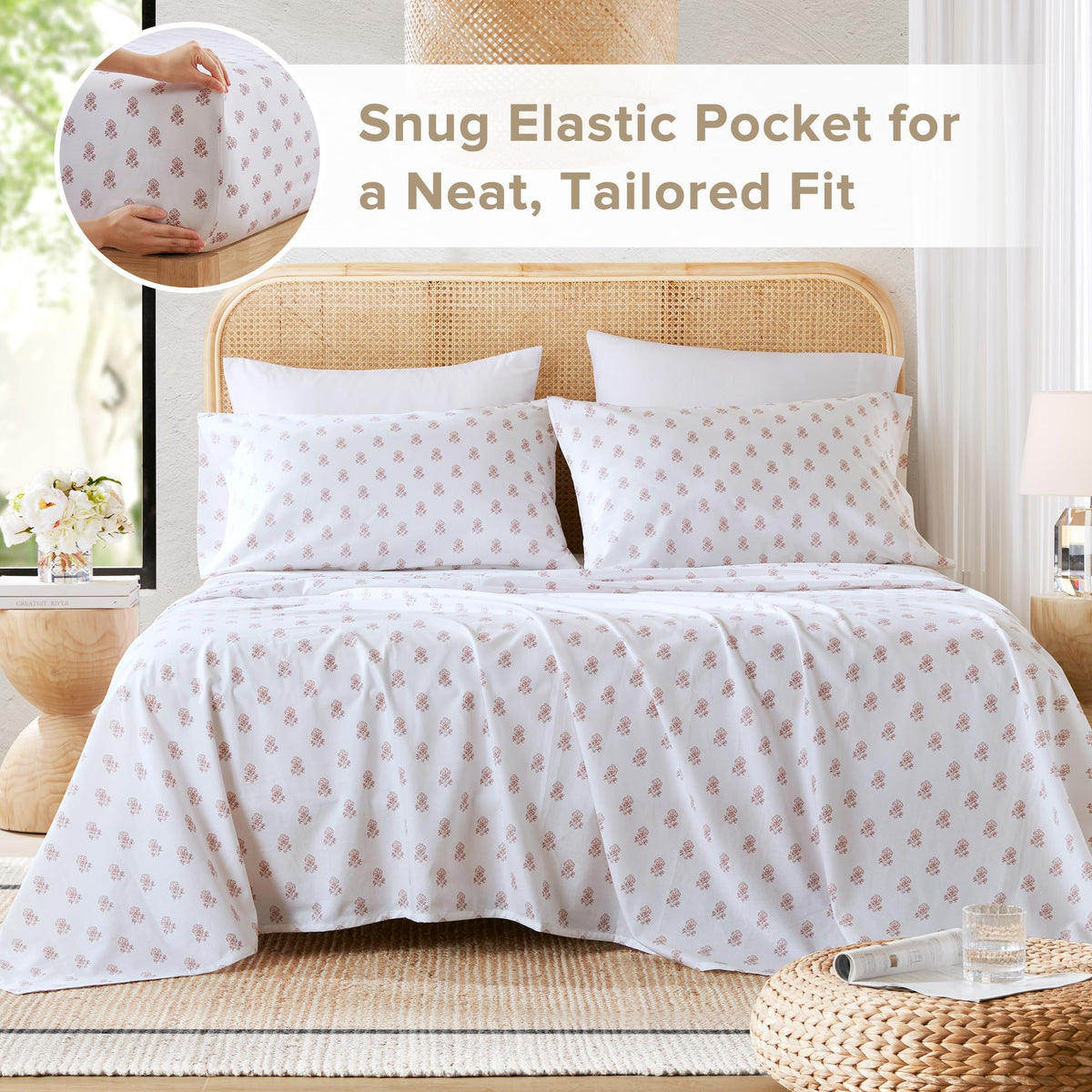 Comfort Spaces 100% Cotton Sheets King, Breathable, Naturally Cool Cotton Sheets, Soft Cotton Bed Sheets with 14" Elastic Pocket Fits up to 16" Mattress, All Seasons Sheet Set, Floral Pink 4 Piece