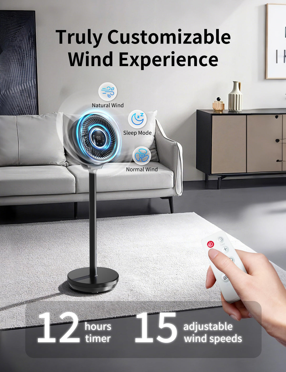 Standing Fan for Bedroom, Omnidirectional 180° Oscillating Quiet Pedestal Floor Fans, 25dB Ultra Quiet DC Cooling Fan Blows Cold Air with Remote, 15 Speed, 3 Modes, 12H Timer, 15-38" Height Adjustable