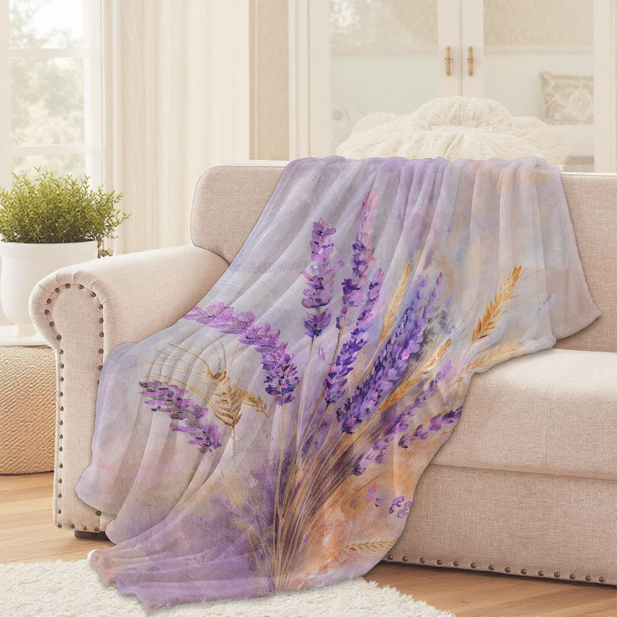 Lavender Floral Throw Blanket for Girls Boys Kids Adults, 50x60 in, Cozy Flannel Blanket for Bedroom, Camping, Couch, Room Decor, Fuzzy Warm Soft Gifts