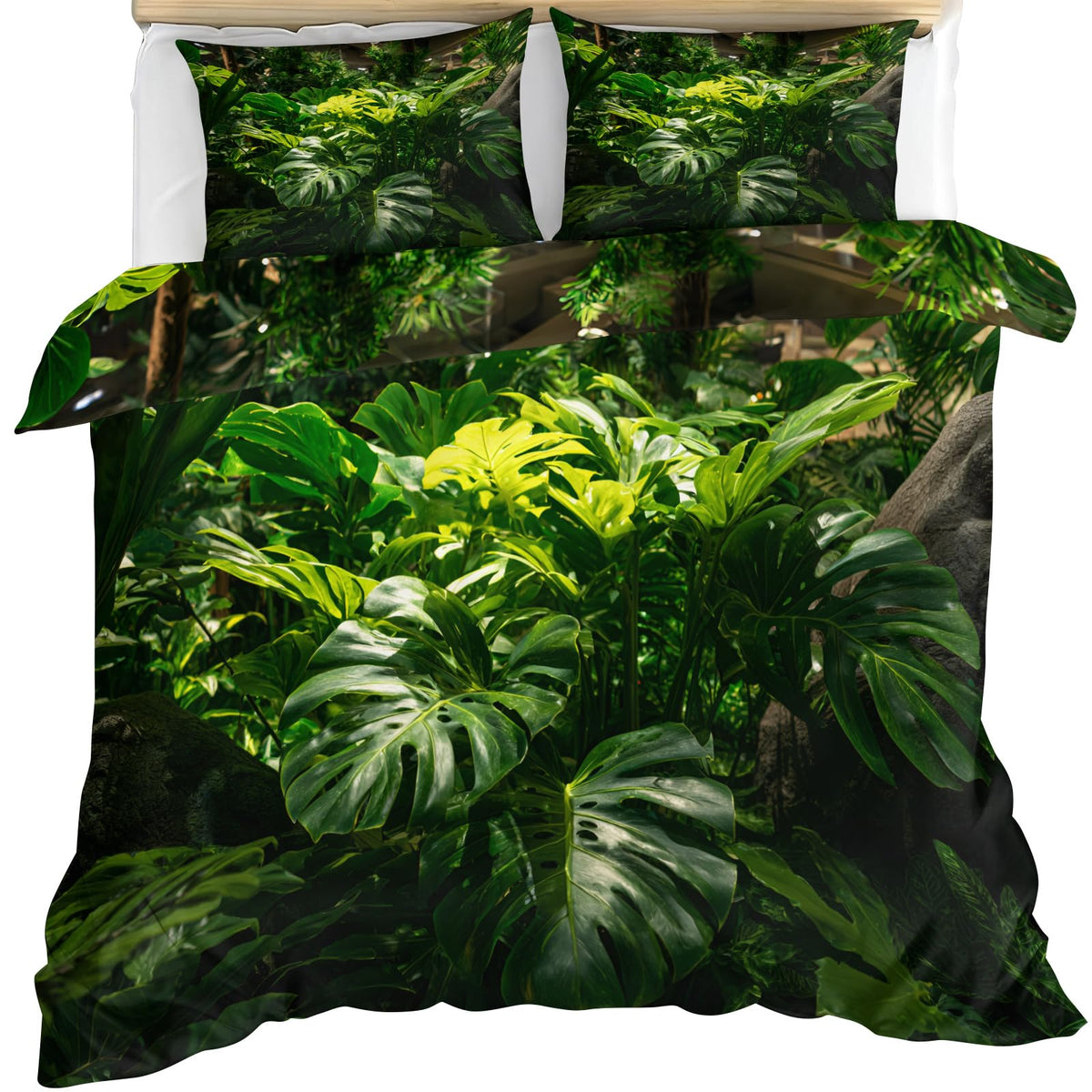 GKPLY Tropical Leaves Duvet Cover Full, Monstera Plant Comforter Sets, Green Jungle Bedding Set, 2 Pillow Cases, Zipper & Ties, Soft Microfiber Reversible Print Duvet Cover & Home Decor
