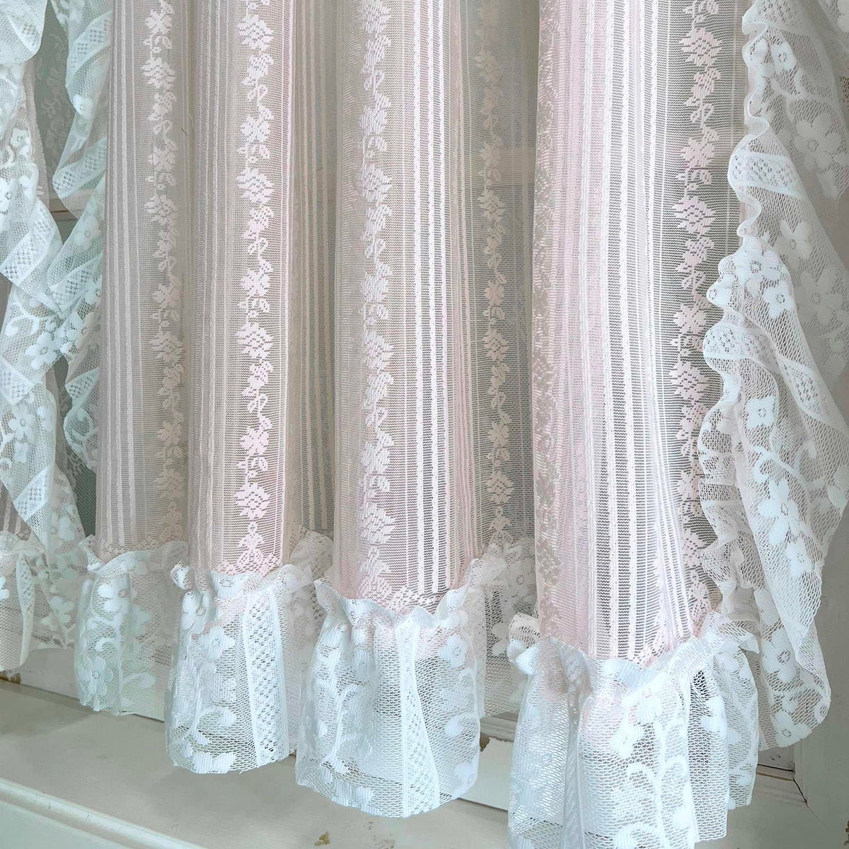 NewWPKIRA Floral Embroidery Sheer Lace Curtain with Ruffle Trim Romantic Gauze Curtains for Girl's Bedroom Living Room Rod Pocket Top 2 Panels (Pink,W59 x L47 inches)