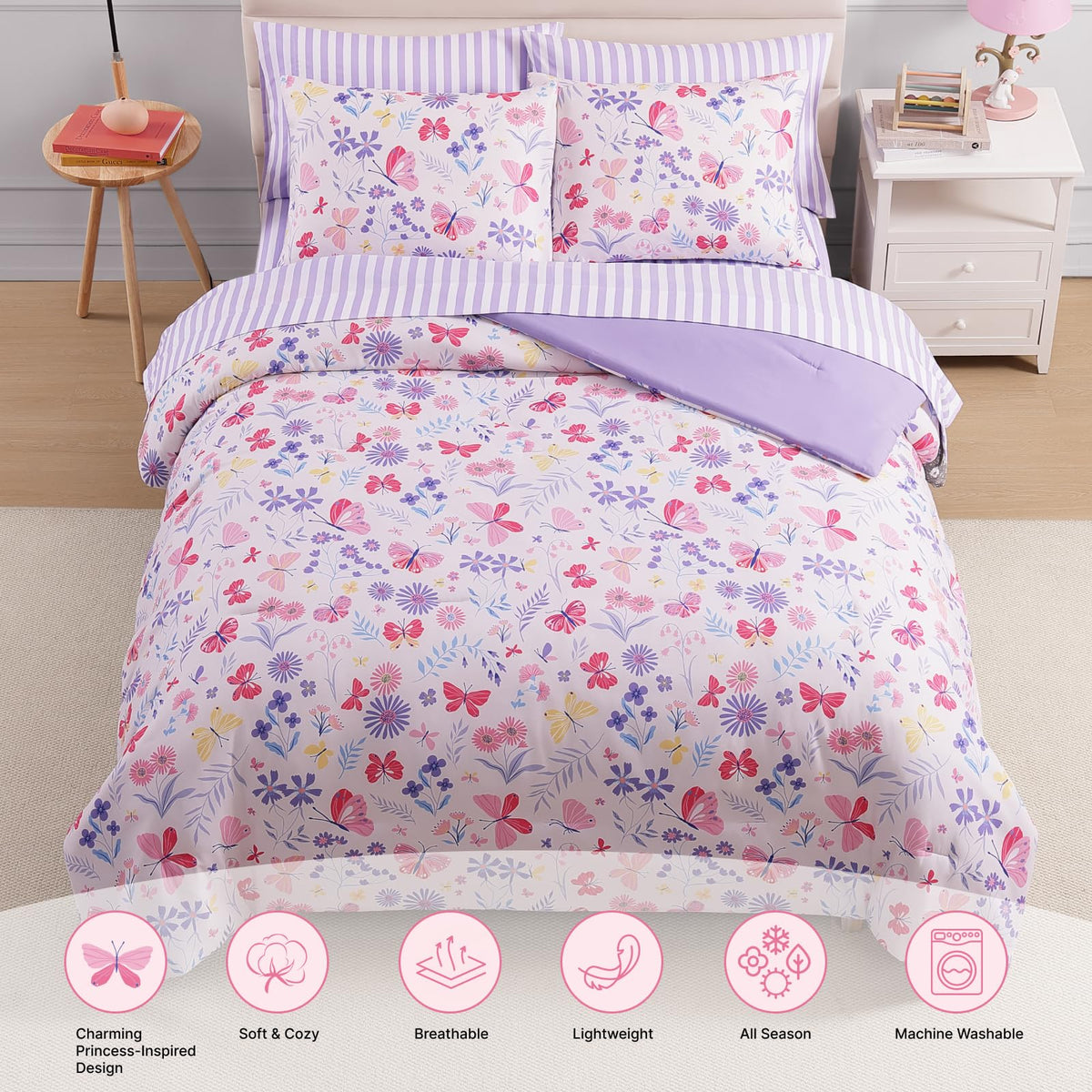 Wink Deer Twin Comforter Set with Sheets for Girls-5 Pieces Twin Bedding Sets with Pink Comforter, Sheets, Pillowcase & Sham for Kids (Cute Botanical Flowers, 66" X 86")