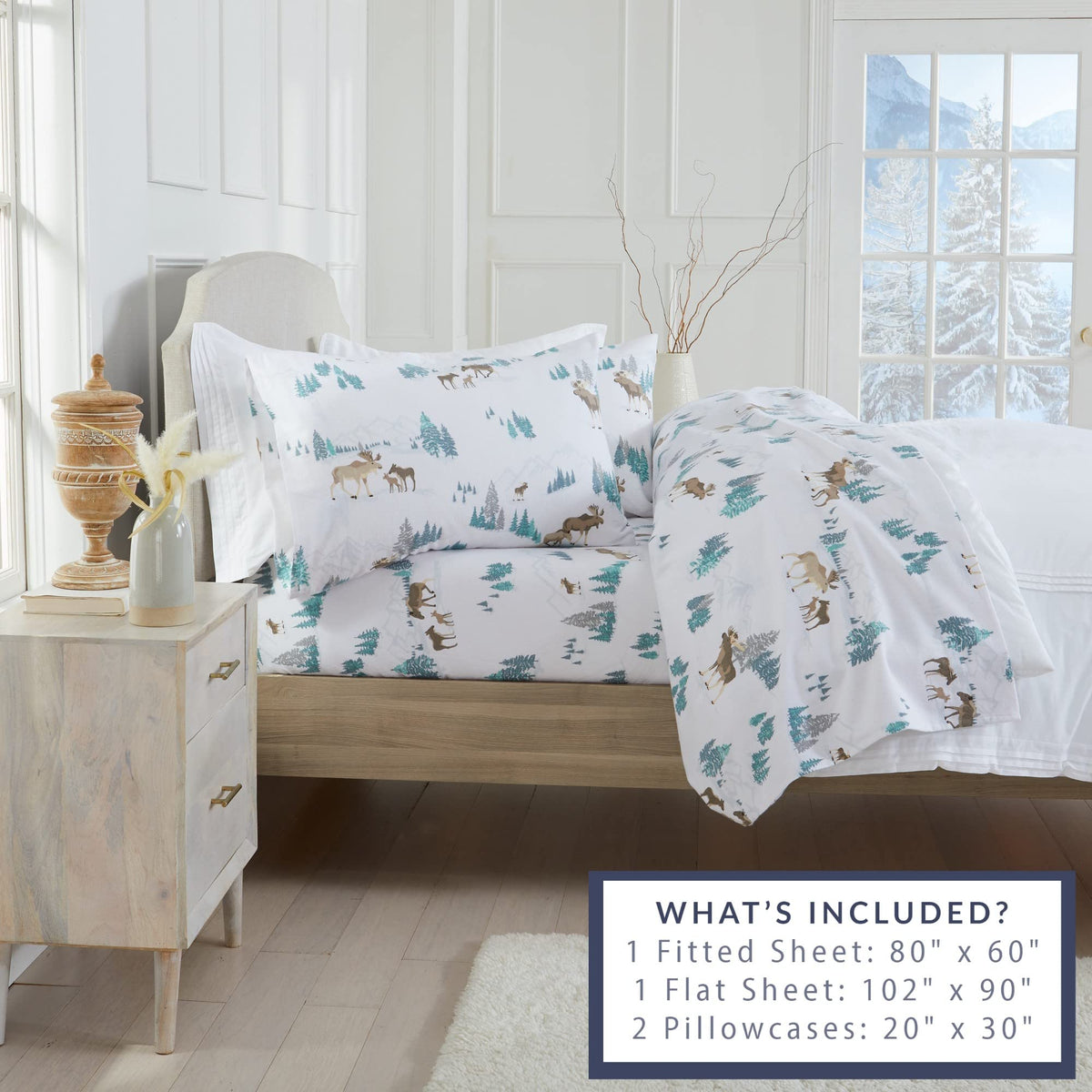 Market & Place 100% Turkish Cotton Flannel Sheet Set | 4 Piece Deep Pocket Novelty Cozy Winter Bed Sheets | Double Brushed for Extra Softness & Comfort | Alpine Collection (Queen, Moose)
