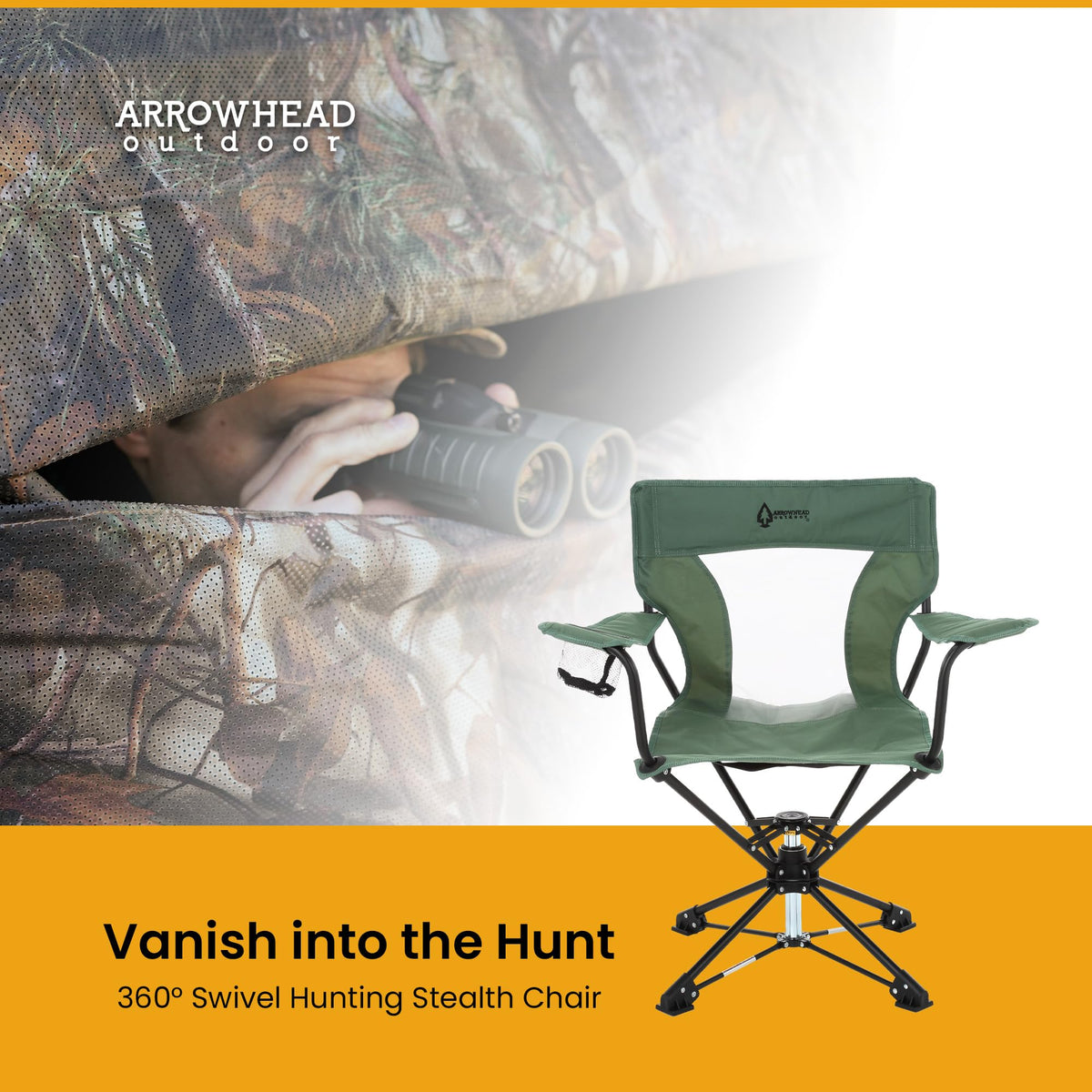 ARROWHEAD OUTDOOR 360° Degree Swivel Hunting Chair Stool Seat, Perfect for Blinds, No Sink Feet, Supports up to 450lbs, Carrying Case, Steel Frame, Fishing, High-Grade 600D Canvas, USA-Based Support