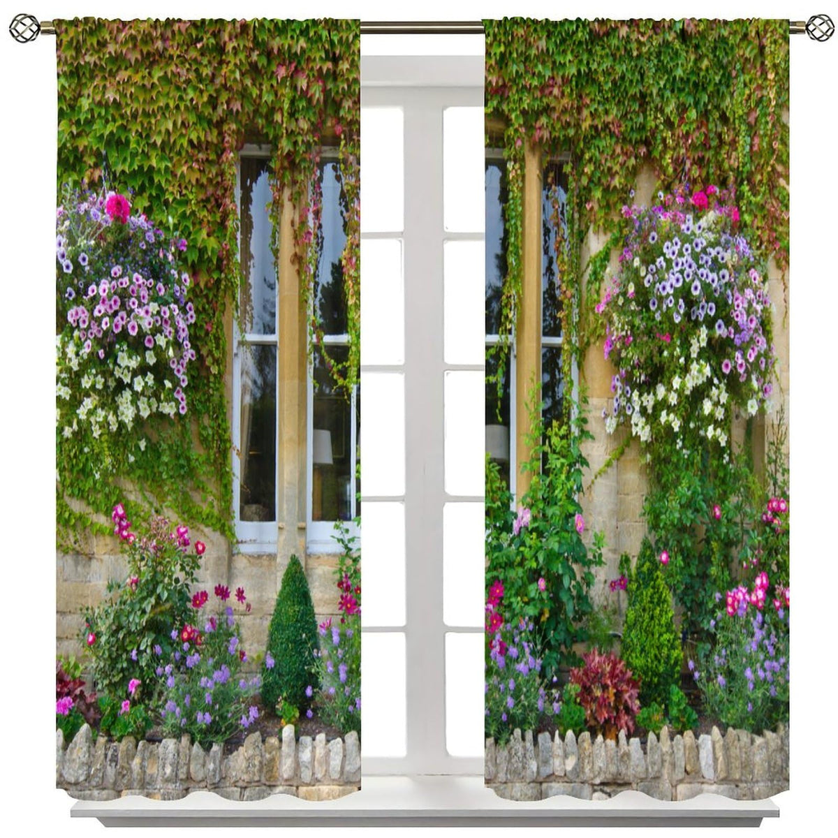 Italian Blackout Curtain,Porch Flowers Pots Plants Floral Flowers Retro Country Farmhouse Print Window Drapes for Bedroom Living Room Kitchen Cafe Office Set 2 Panels,42x45 Inches, Style-4