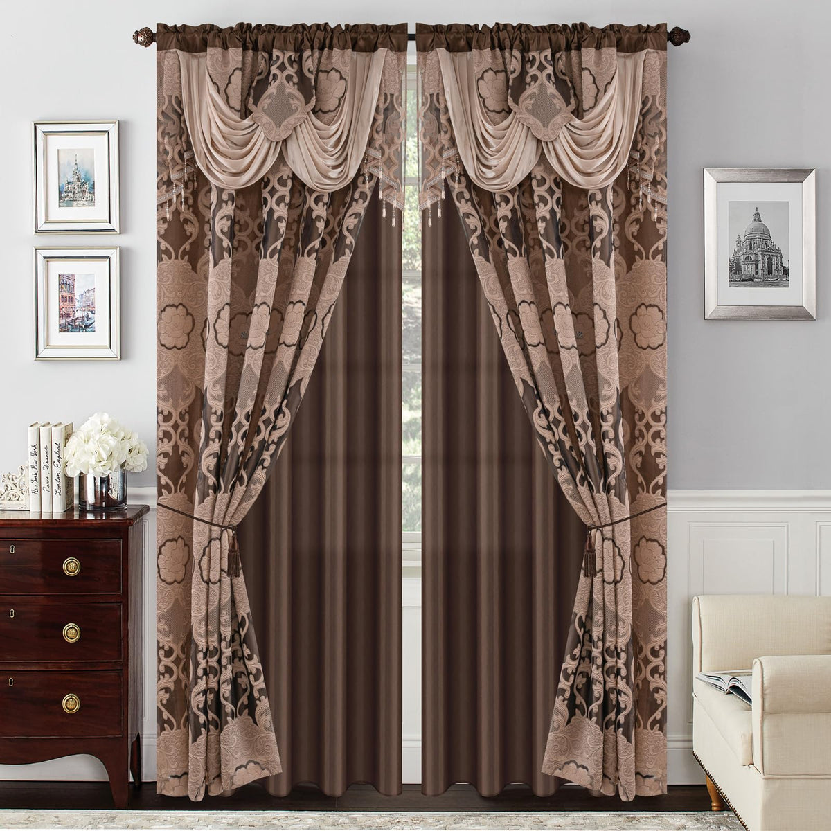 Petrichor Taupe Sheer Jacquard Voile Curtains （54" W x 63" L）, 2 Panels with Attached Valance, Double Layer Floral Cutwork Design with Luxurious Texture, Rod Pocket, for Bedroom & Living Room