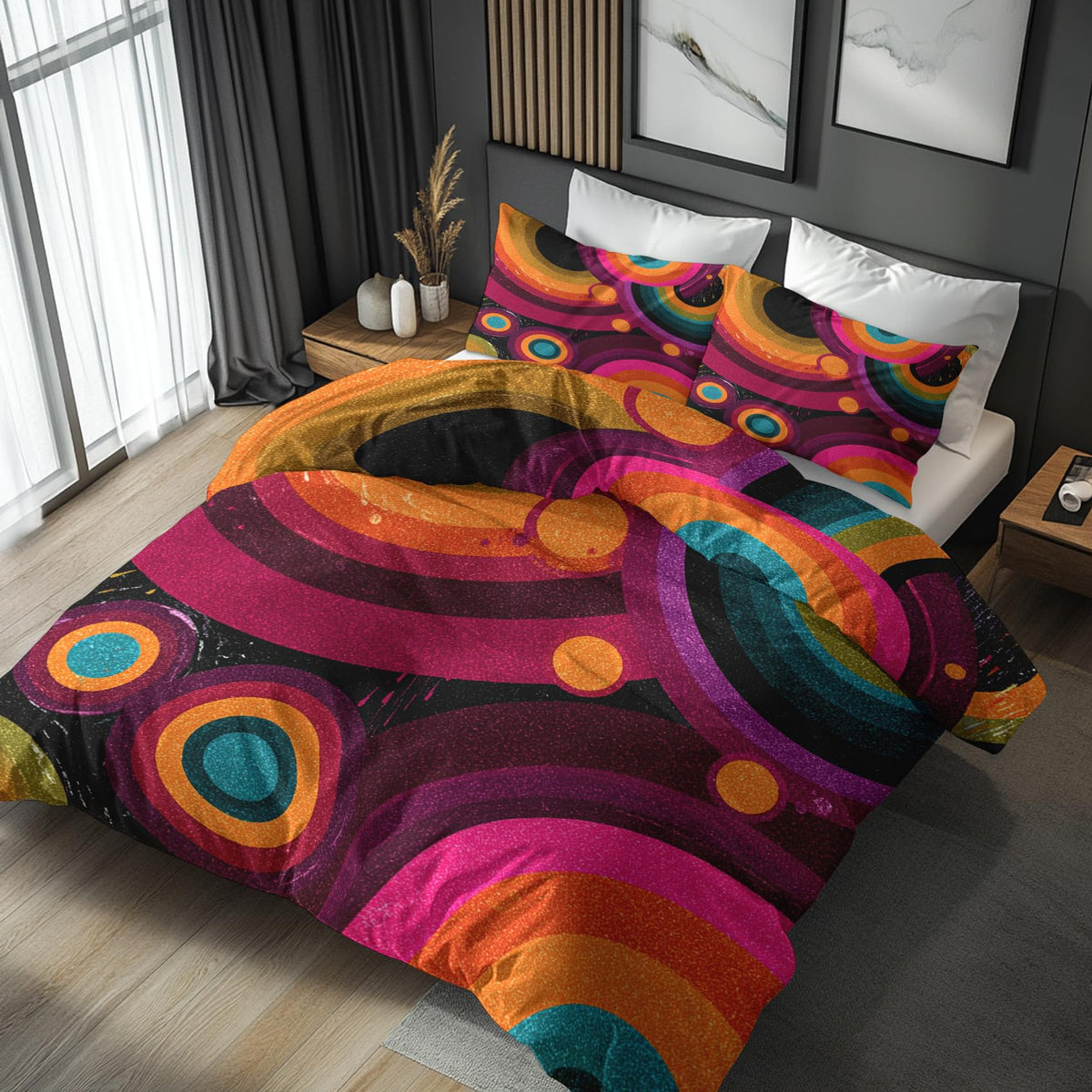 Abstract Geometric Queen Duvet Cover Set 3 Piece, Retro Circle Swirl Reversible Bedding with 2 Pillow Shams, Zipper & Ties, Ultra Soft Microfiber, Abstract Bedroom Decorations 20A-L