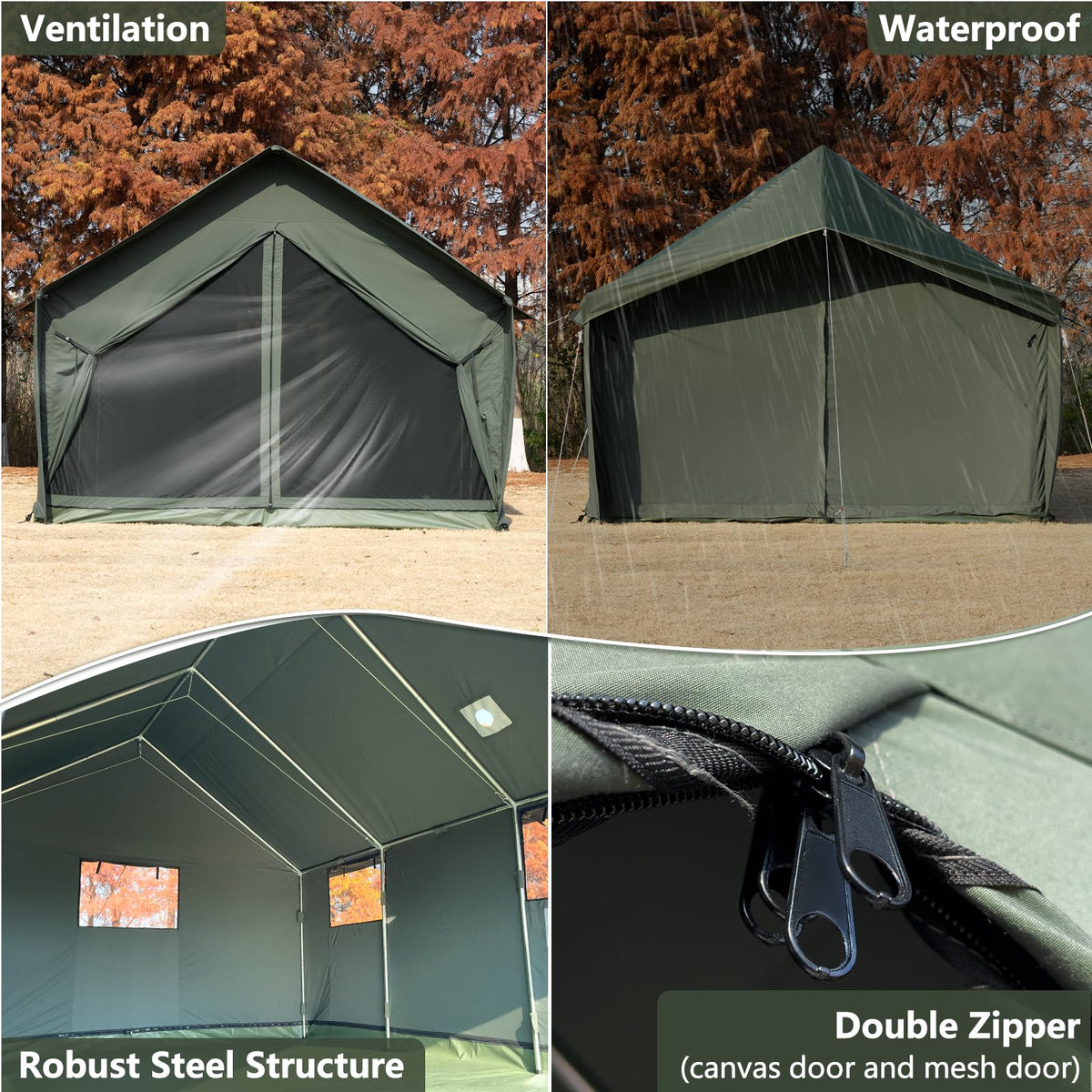 WaldZimmer Cotton Canvas Wall Tent with Rain Canopy Waterproof Outdoor Tent for Hunting Family 4 Season Camping Tents Heavy Duty Steel Frame&PVC Floor, Green