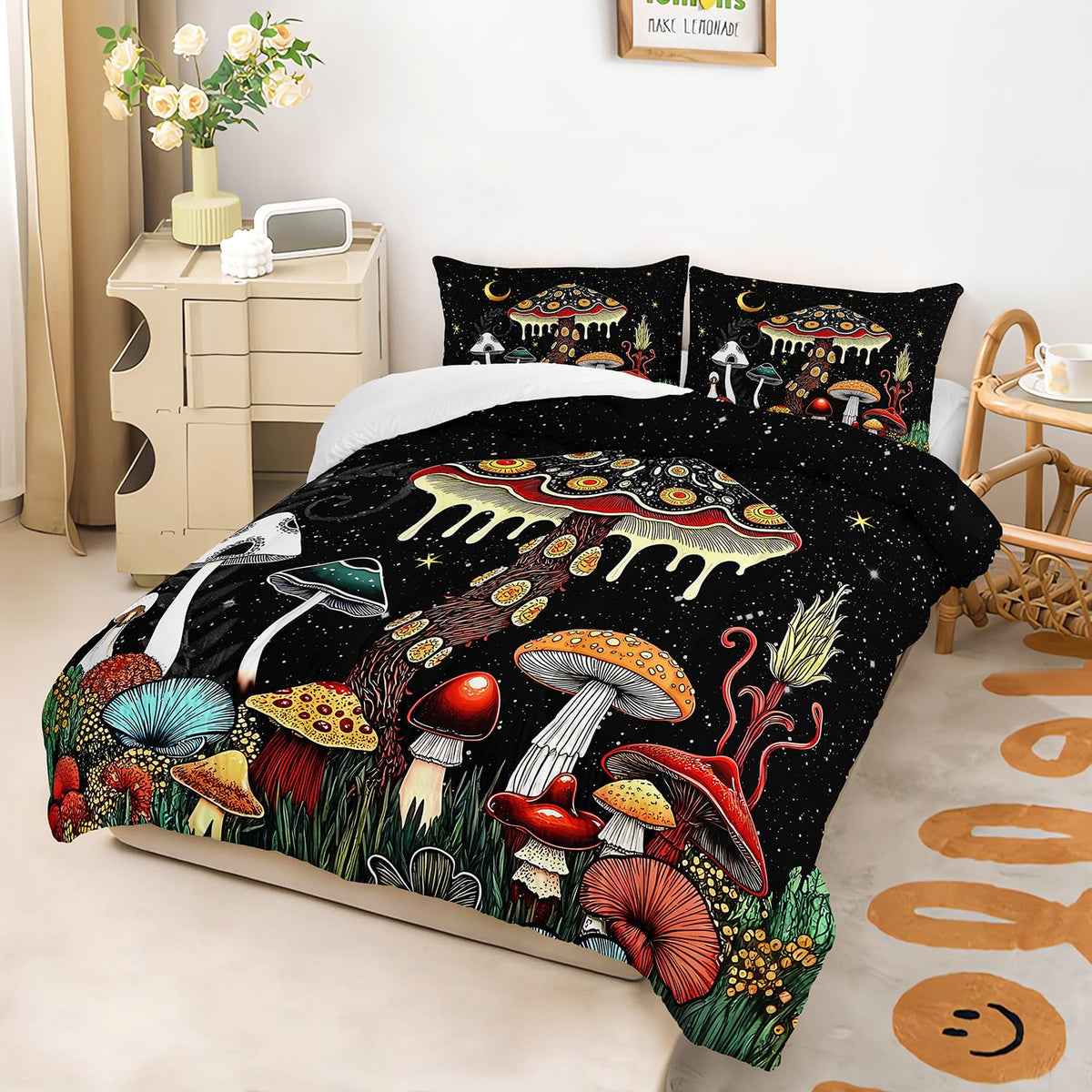 XYNHML Kids Cute Mushroom Comforter 3Pcs Queen Natural Wild Botanical Fungus Bedding Set for Kid Teen Girl Boy Adult Plants Floral Moon Night Star Quilt Bed Decor with 1 Comforter and 2 Pillowcases