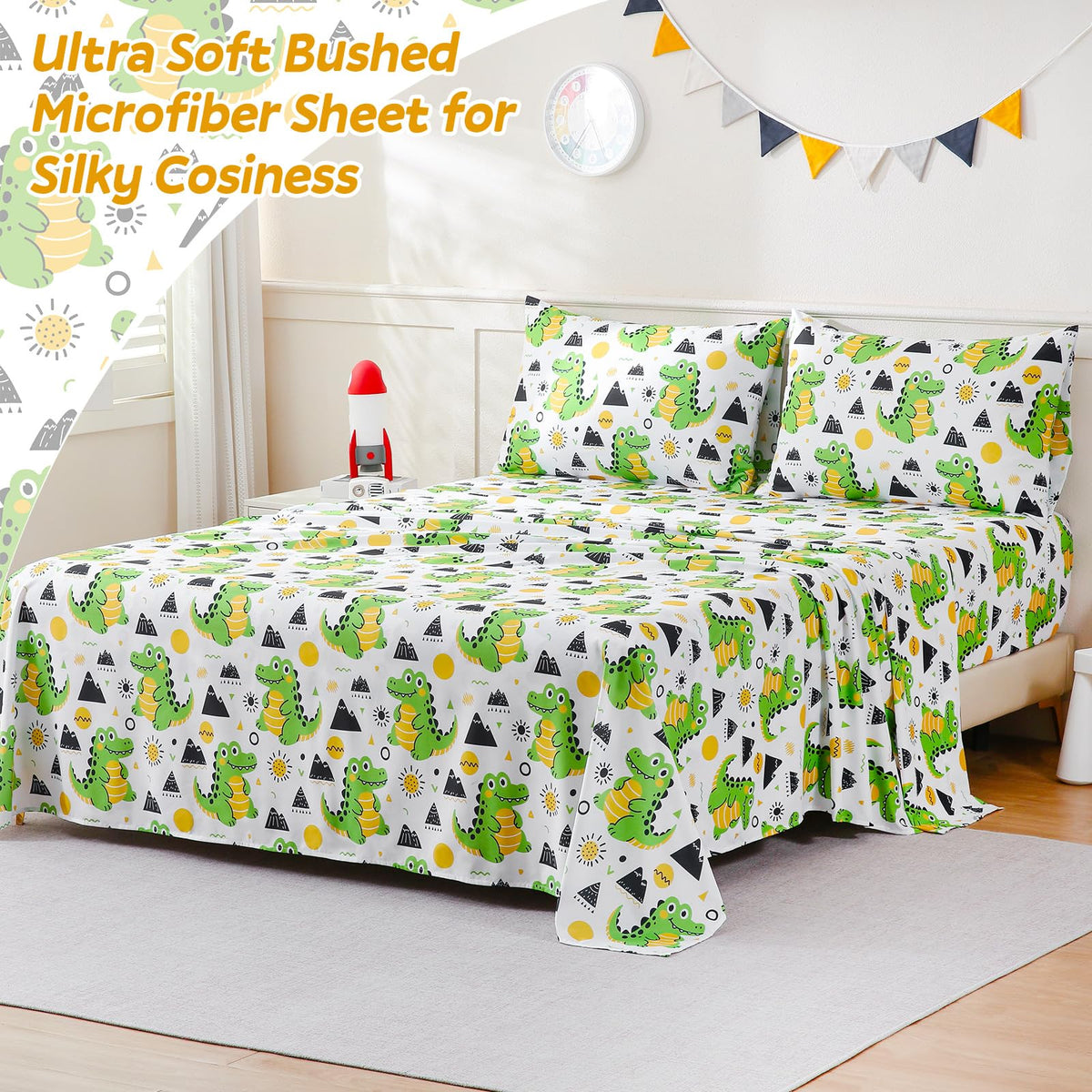 ChicView Twin Sheet Set Kids,3 Pieces Breathable Soft Microfiber Bedsheets for Child Boys Girls, Anti Pilling Deep Pockets Easy Care Bed Sheets, Crocodile