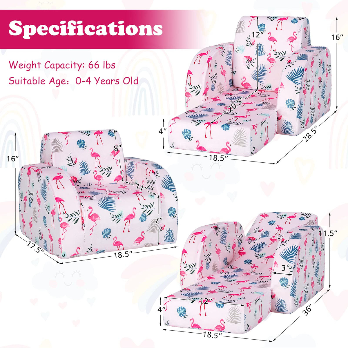 HONEY JOY Kids Sofa, 3-in-1 Convertible Children Folding Sofa & Comfy Flip Open Lounger Chair for Play, Foam Toddler Couch Fold Out, Gift for Boys Girls (Pink)