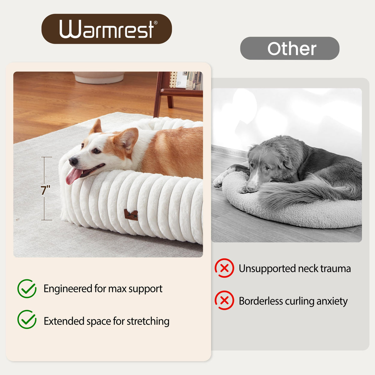 Warmrest Washable Dog Bed for Small Medium Dogs - Rectangle Orthopedic Corduroy Fleece Pet Bed with Removable Cover and Nonskid Bottom, Calming Puppy Bed Soft Pet Sofa, Cream(25x21x7inchs)
