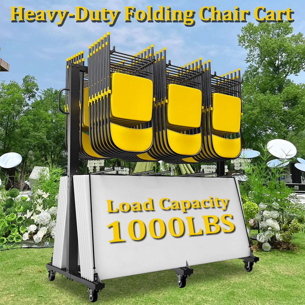 Folding Chair Cart, Two Tier Folding Chair Rack with Locking Wheels, Chair Holders for Storage, Chair Storage Rack, Holder for 84 Chairs, with Watherprooft Cover & Elastic Straps