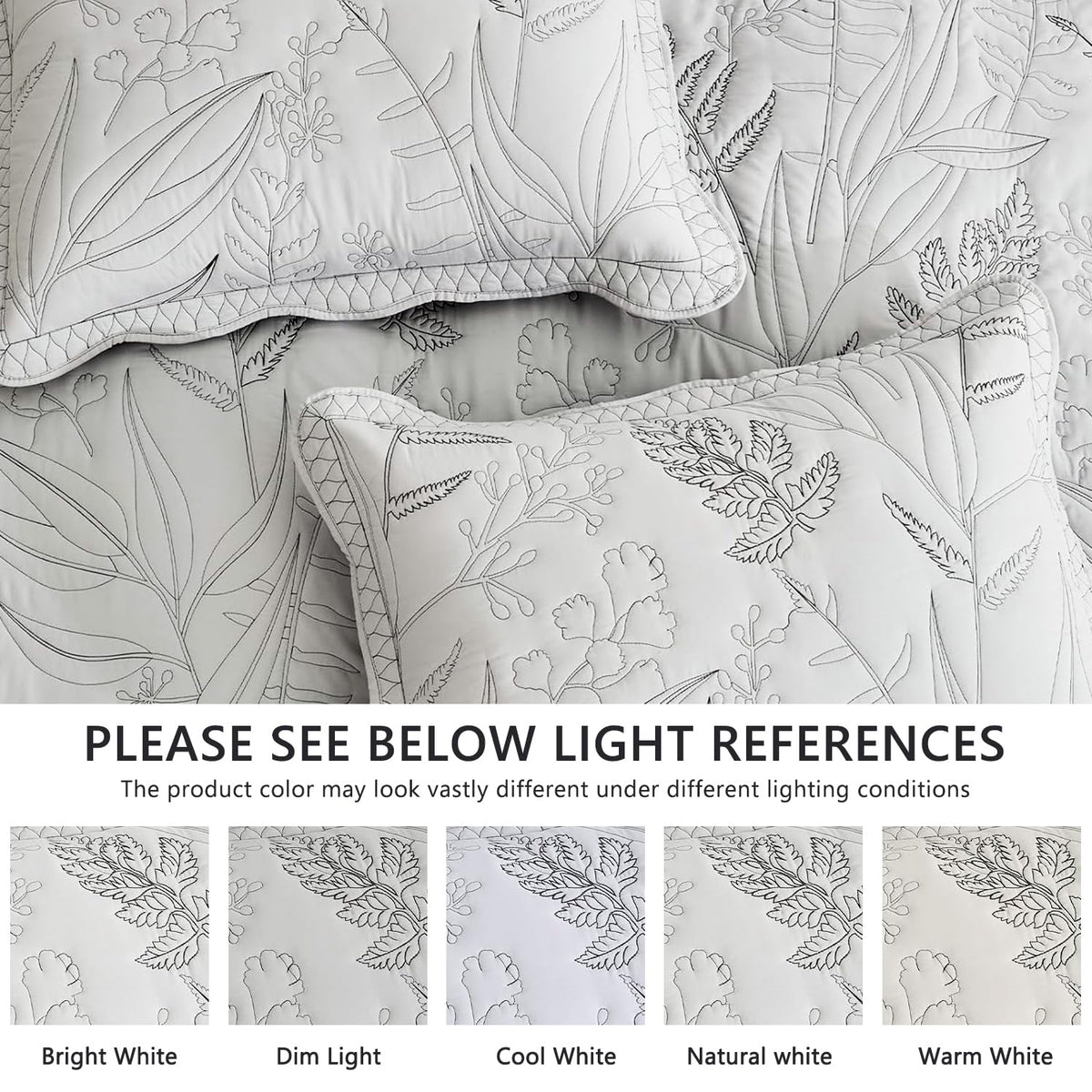 DaisyHuang Botanical Oversized Bedspread Queen Size - Leaves Pattern Stitching Quilt Set - Elegant & Fresh Style Bedding Coverlets, Reversible, Lightweight, 5 Piece, Grey