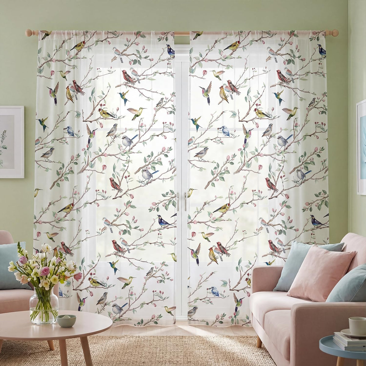 Horaldaily Outdoor Sheer Curtains for Living Room and Bedroom, Birds Branch Floral Window Curtains, Holiday Window Drapes Decor, 52" W x 84" L, Set of 2 Curtain Panels
