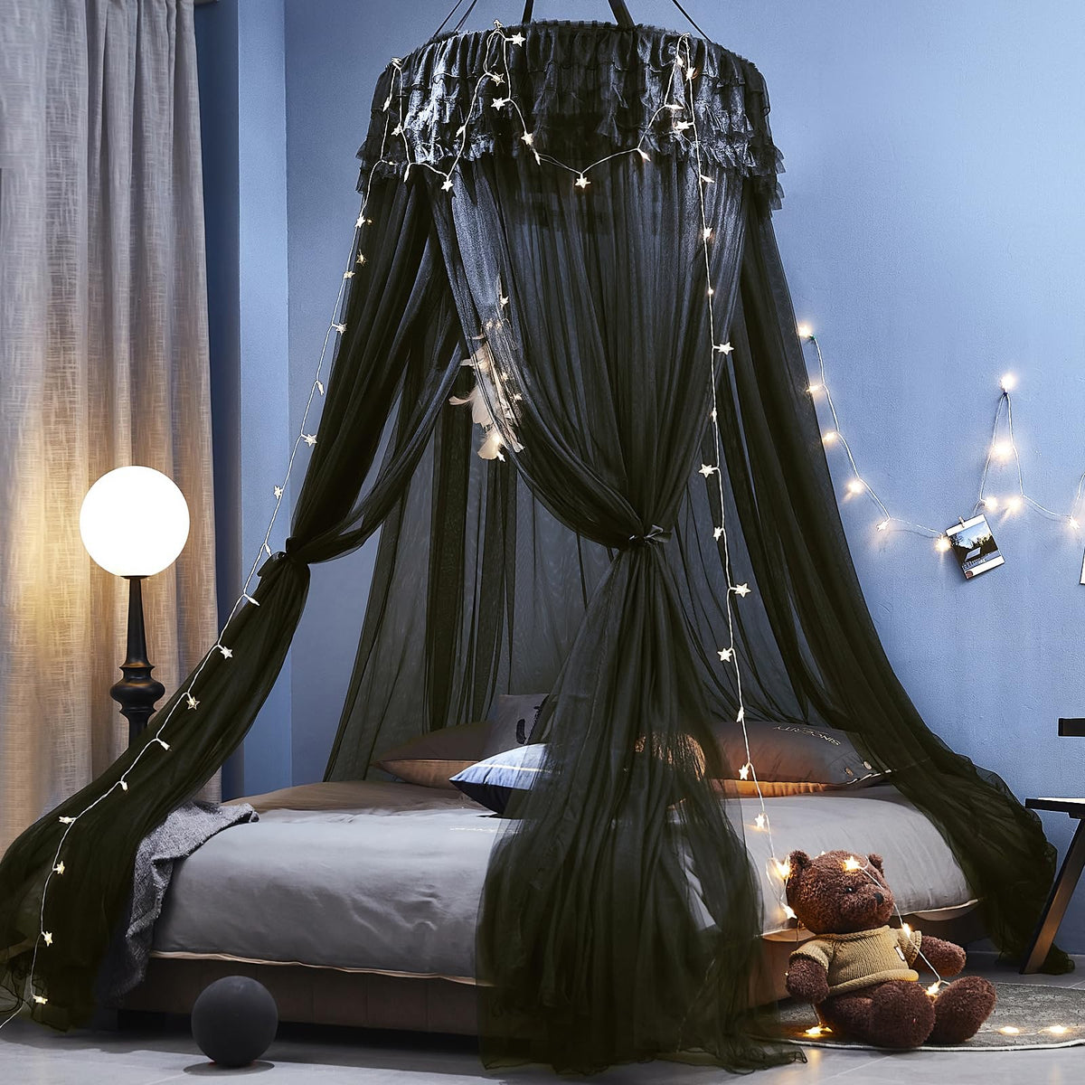 Kertnic Dreamy Bed Canopy for Girls, Princess Canopy Curtains Double Layer Sheer Mesh, Adults Canopies Netting Room Decor Tent Mosquito Net for Queen King Bed (Double Layer-Black)