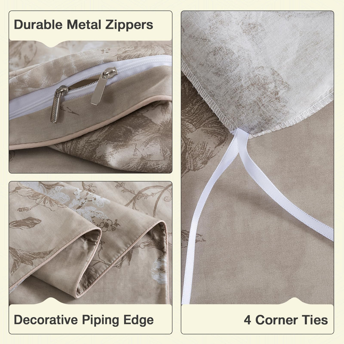 Puralens Dark Beige Moody Floral Duvet Cover, King 100% Cotton Percale Neutral Flower Comforter Cover Set, Shabby Chic Cottage Reversible Toile Bed Cover Set with Ties, Farmhouse Zipper Bedding, 3Pcs