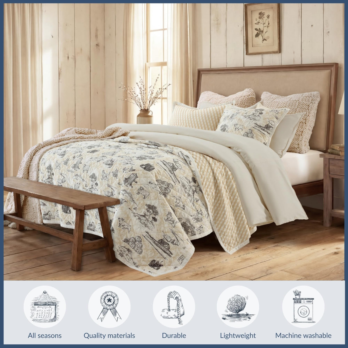 Paseo Road Indigo Hill by HiEnd Accents Farm Life 3 Piece King Size Quilt Set, Animal Farm Barn Toile Print Rustic Bedding, Cream Tan Lightweight Quilt for Farmhouse Bedding and Cabin Bedrooms