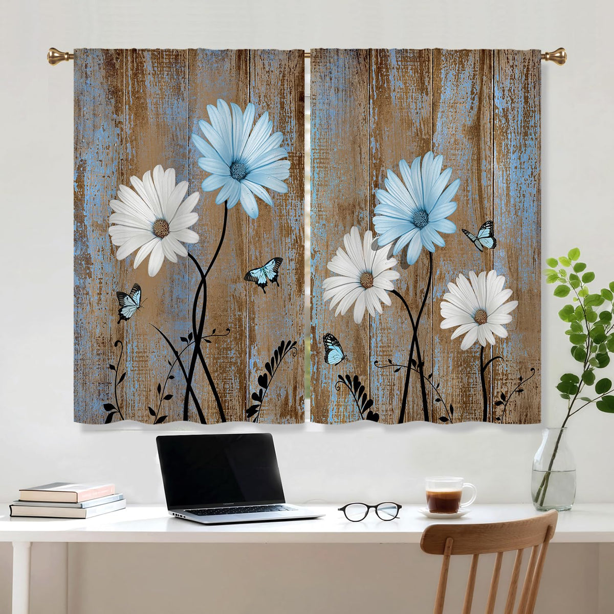 Cizuug Blue Farmhouse Daisy Curtains KitchenWooden Barn Plank Small Short Cafe Window Curtains Butterfly Rustic Country Spring Farm Bathroom Drapes Treatment Tier Curtains 2 Panels
