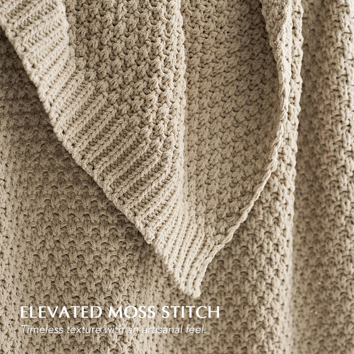 EVERGRACEHOME Chunky Chenille Knit Throw Blanket for Couch, Soft Luxurious Oversized Queen Moss Stitch Blanket for Bed, Cozy Farmhouse Knitted Throw for Sofa, Sand Dune, 90" x 90"