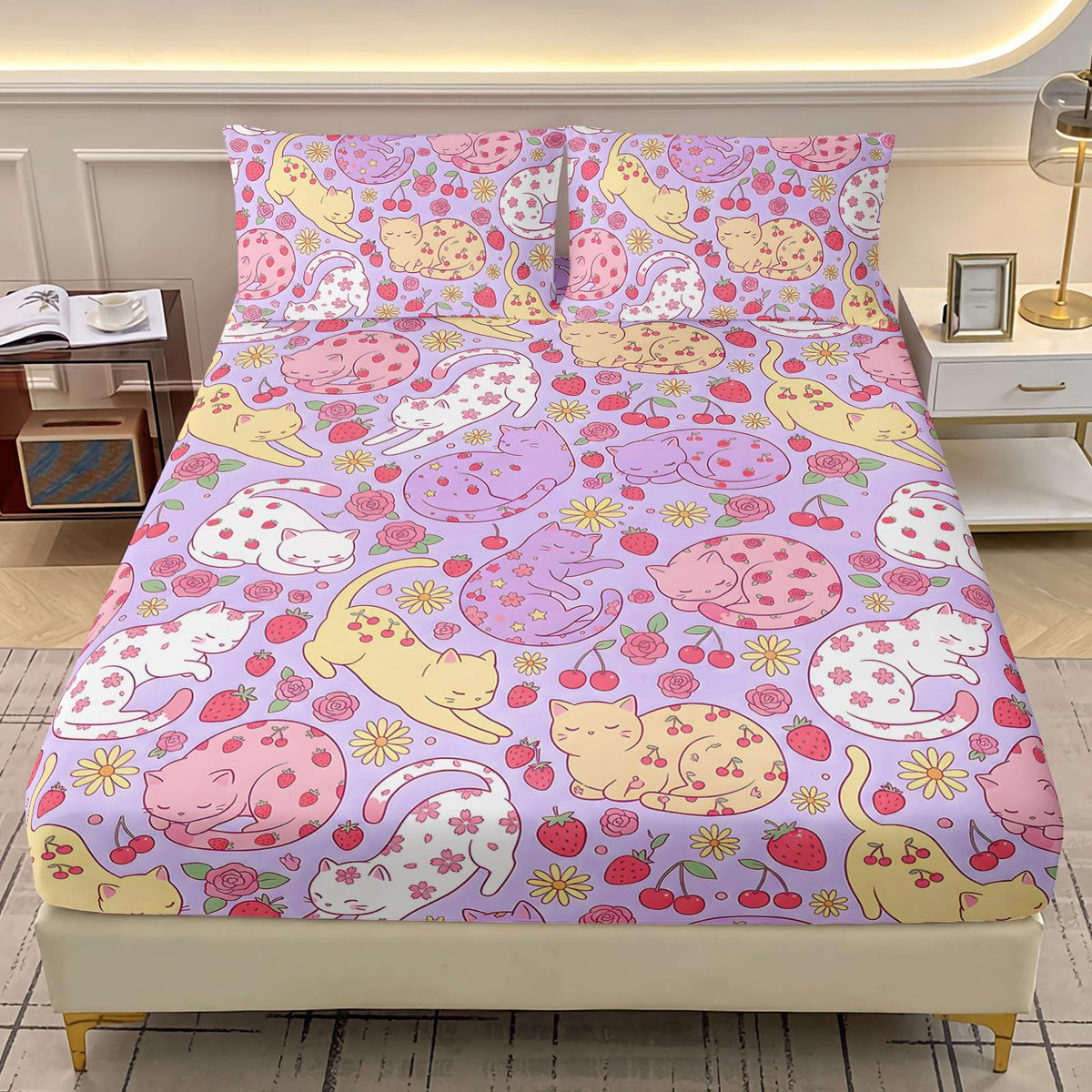 AILONEN Sleeping Cat Twin Fitted Sheet Set, 3 Piece Microfiber Bedding Pack with 2 Pillowcases, 16 Inch Deep Pocket, Purple Floral Room Style