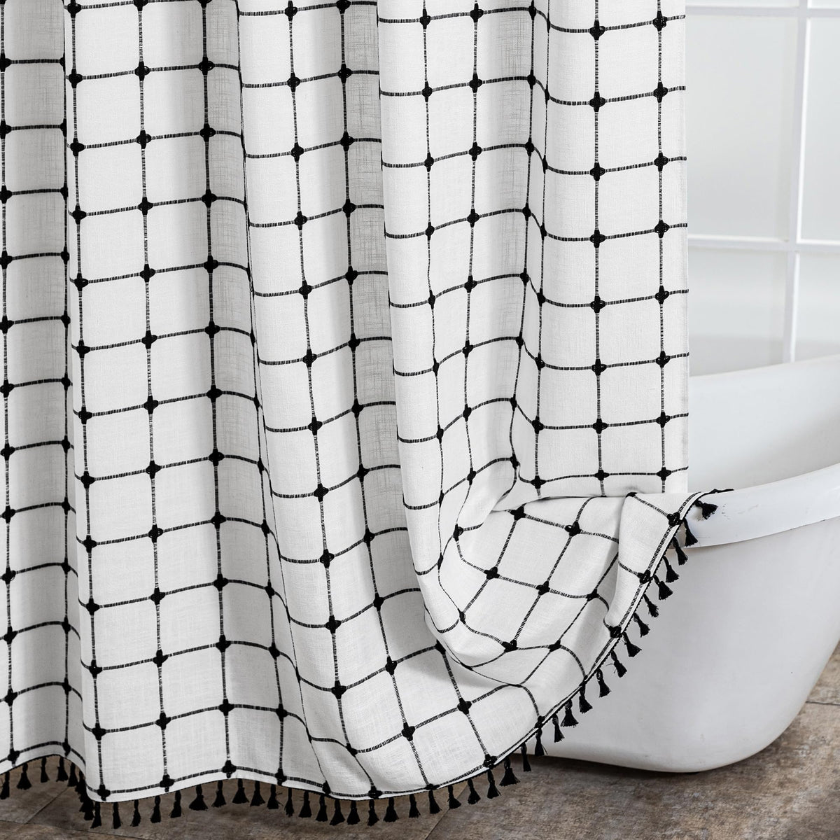 ROSERY No Hook Shower Curtain with Snap in Fabric Liner Set, Boho Farmhouse Black and White Woven Jacquard Grid Shower Curtain for Bathroom with Tassel, Checkered Pattern, 71" W x 74" L