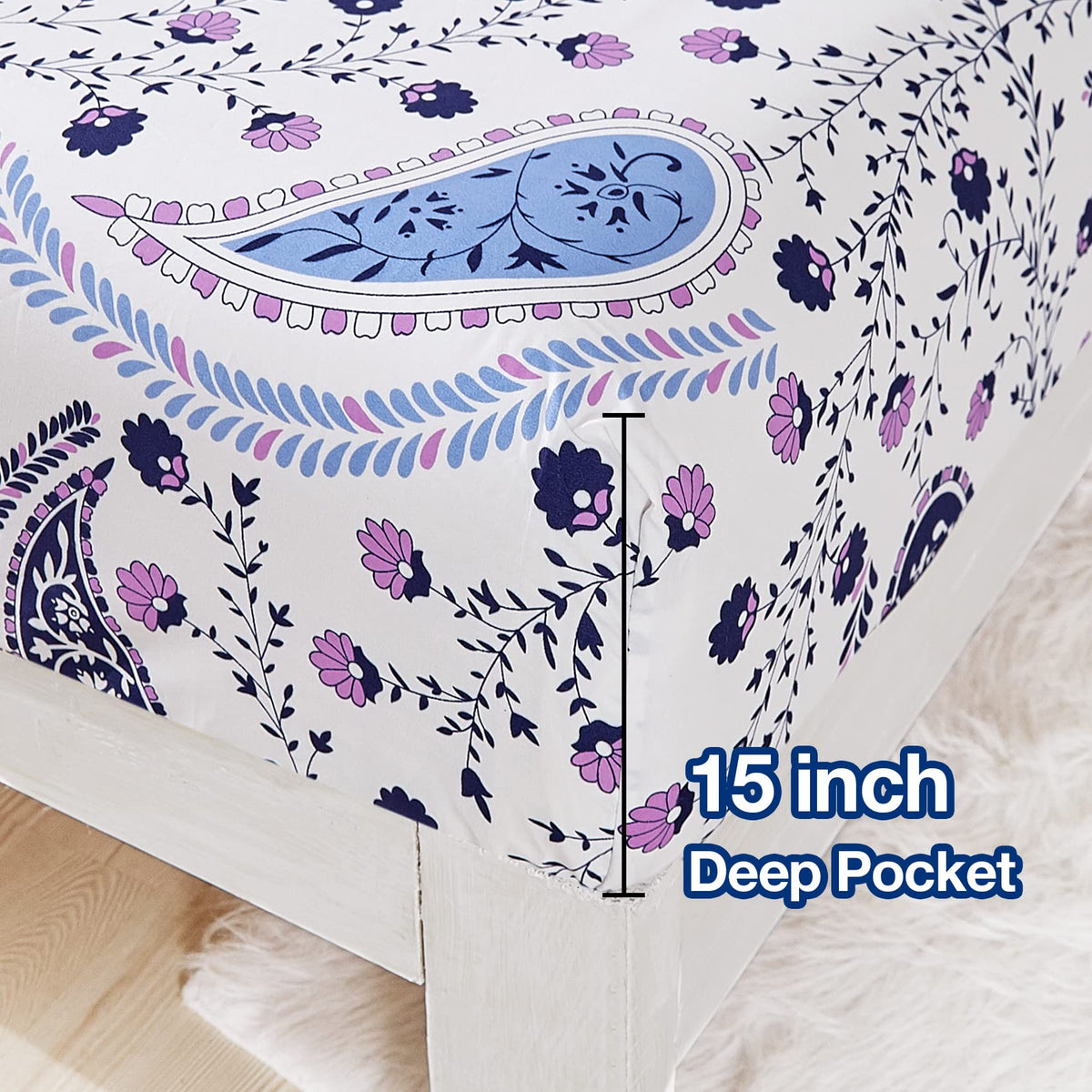 JSD Paisley Floral Printed Sheet Set King Size, 4 Piece Soft Pattern Microfiber Sheets Extra Deep Pocket