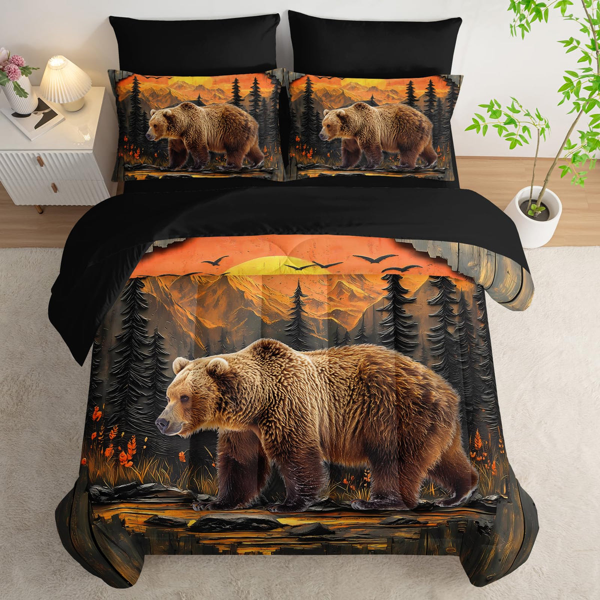 AILONEN Rustic Bear Bedding Queen Size 7-Piece Soft Bed in a Bag, Wildlife Hunting Comforter & Fitted Sheet & Flat Sheet & 2 Pillowcases,2 Pillow Shams for Bedroom Decor